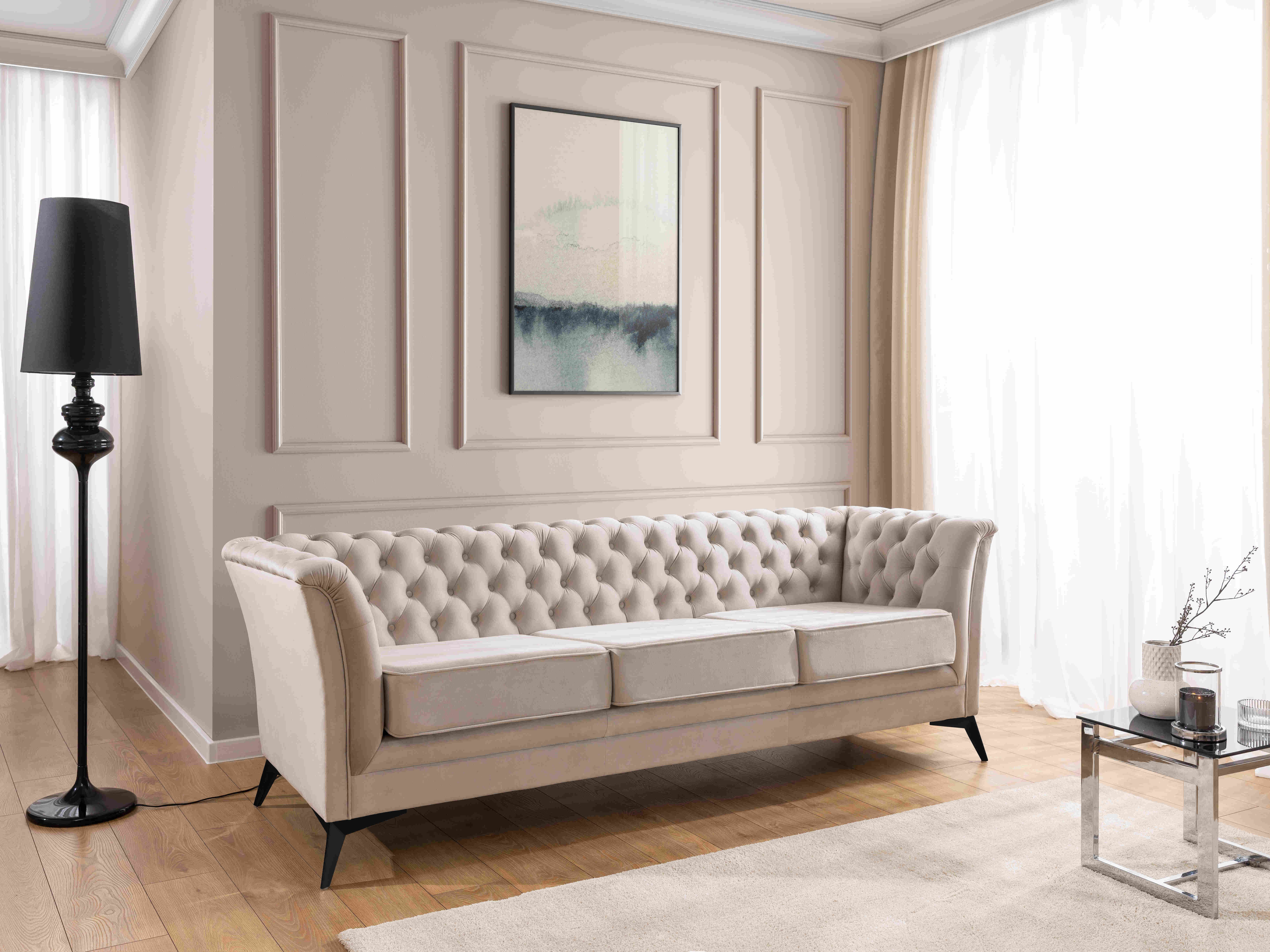 S-Style Möbel Chesterfield-Sofa Whitby, 3-Sitzer aus Samt mit goldenen, silbernen oder schwarzen Füßen, mit Wellenfederung