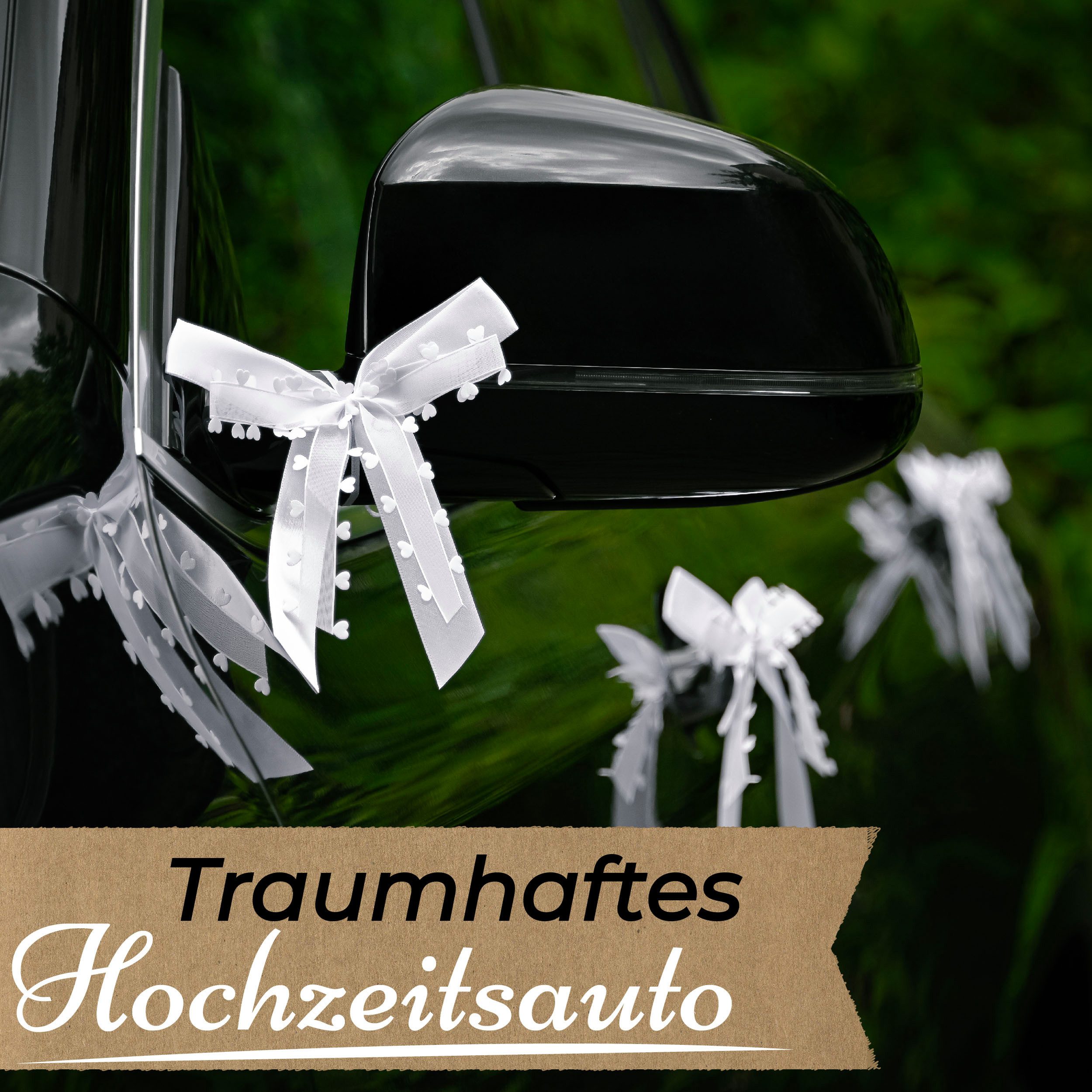 Praknu Dekoobjekt 25 Antennenschleifen Weiß mit Herzen N26 (Set, 25 St), Handgemacht I Satinband I Hochzeit Schleifen