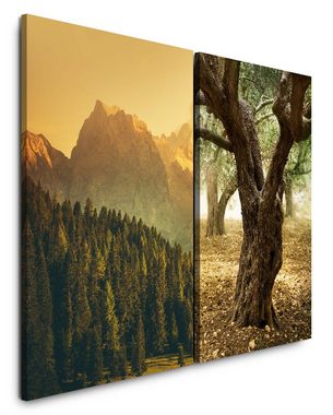 Sinus Art Leinwandbild 2 Bilder je 60x90cm Tannenwald Berge alter Olivenbaum Natur positive Energie Beruhigend Meditieren