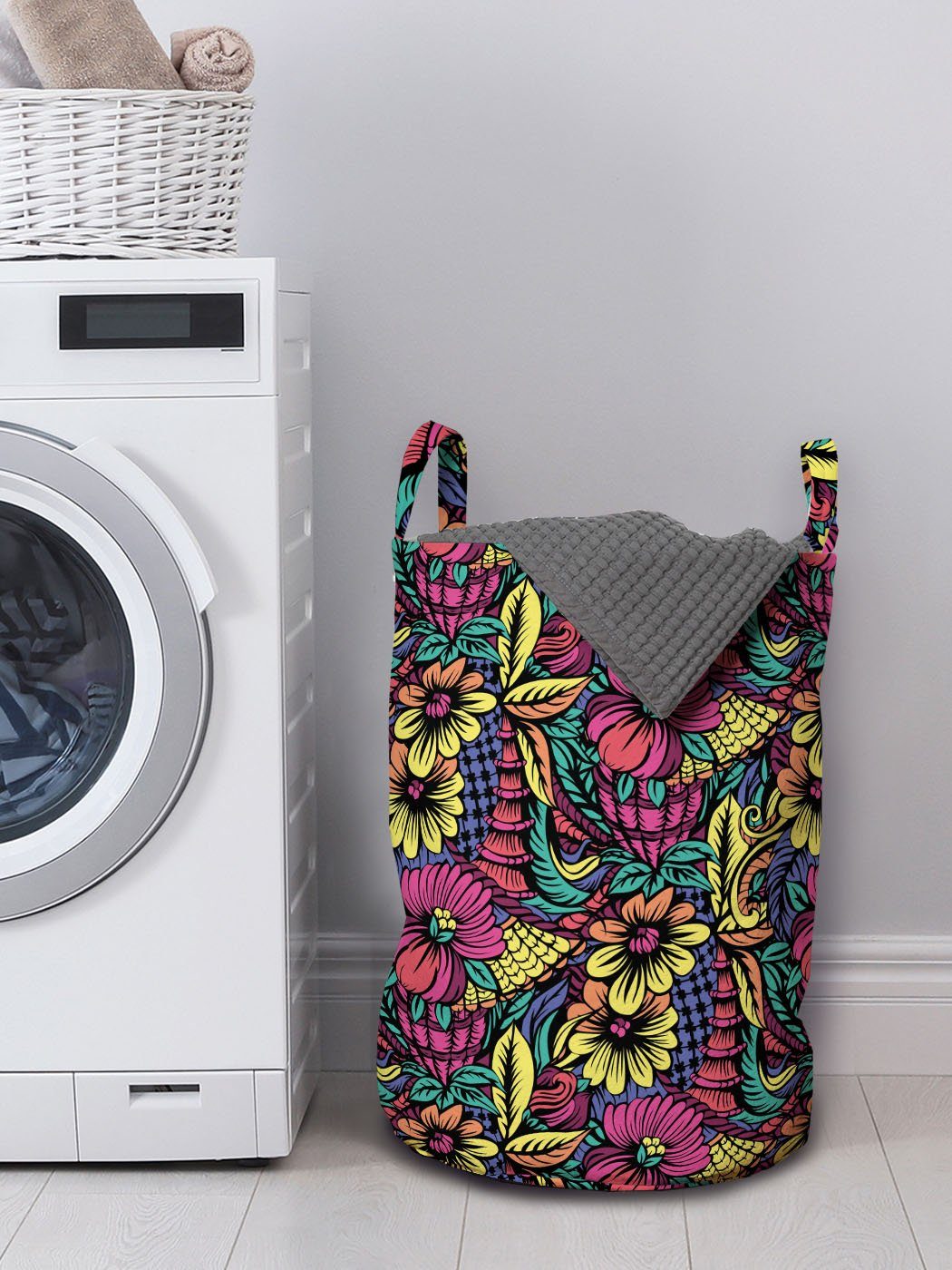 Abakuhaus Wäschesäckchen Wäschekorb mit für Waschsalons, Grafische Leuchtende Griffen Kordelzugverschluss Blumen Blumen