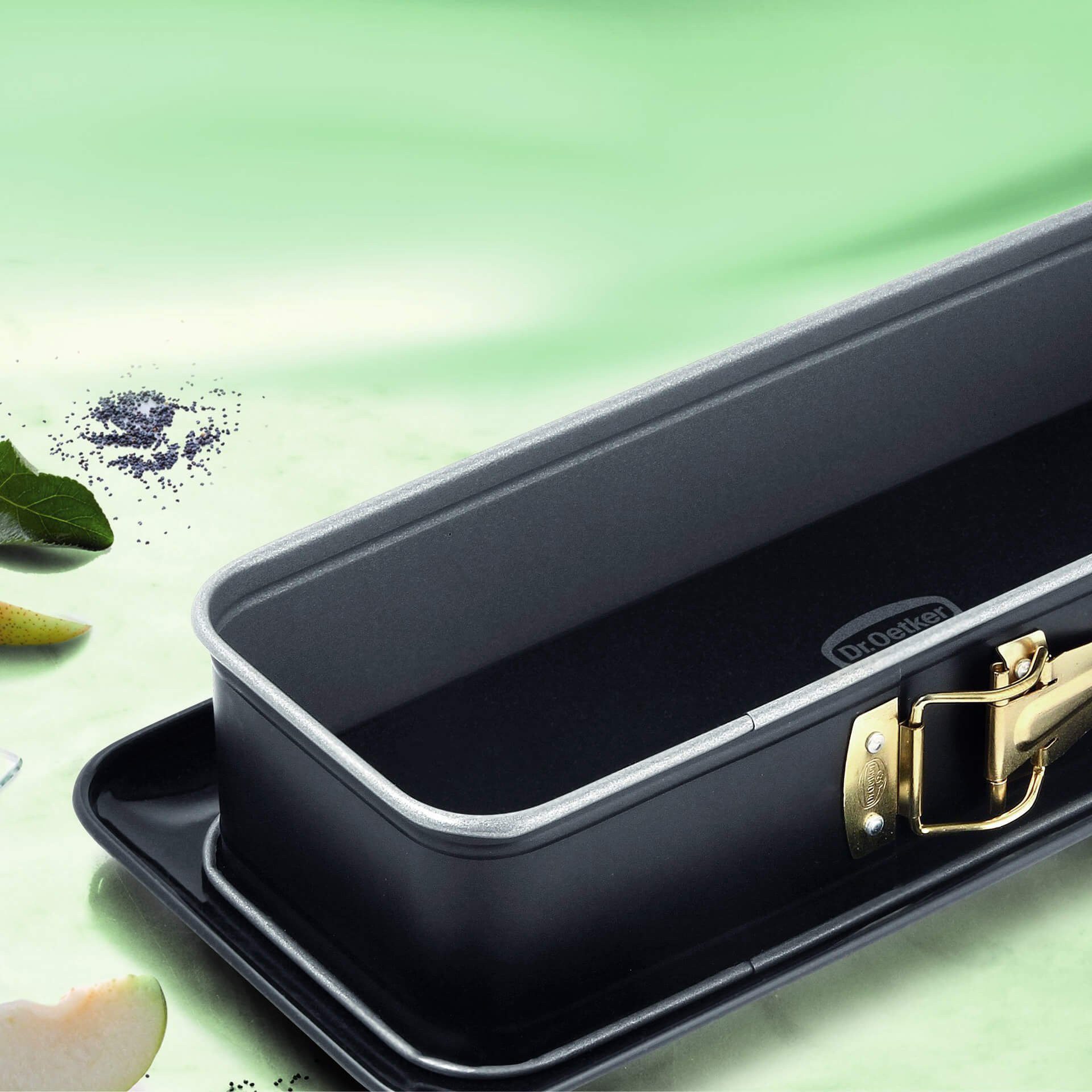 Dr. Oetker Küchenhelfer Kastenform Back-Idee, rechteckige Springform mit Emaille-Servierboden, 30 cm, Antihaft-Beschichtung, schnitt-& kratzfest, hitzebeständig bis 230°C