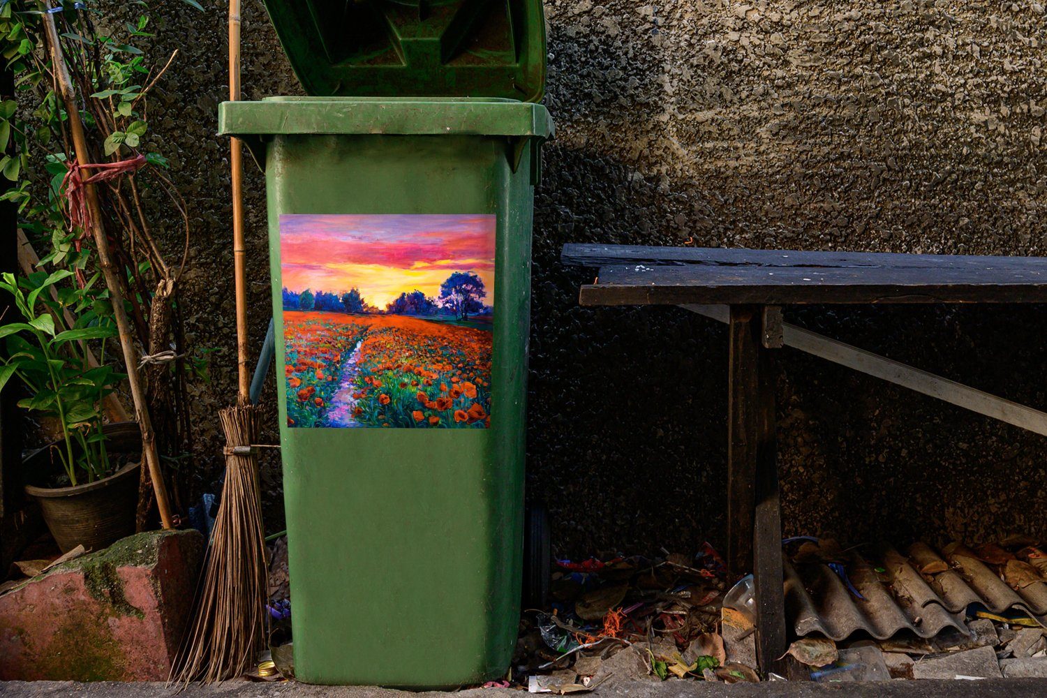 MuchoWow Wandsticker Malerei - - Sticker, Mülltonne, Blumen Mülleimer-aufkleber, Container, Abfalbehälter Natur (1 Ölfarbe - St)