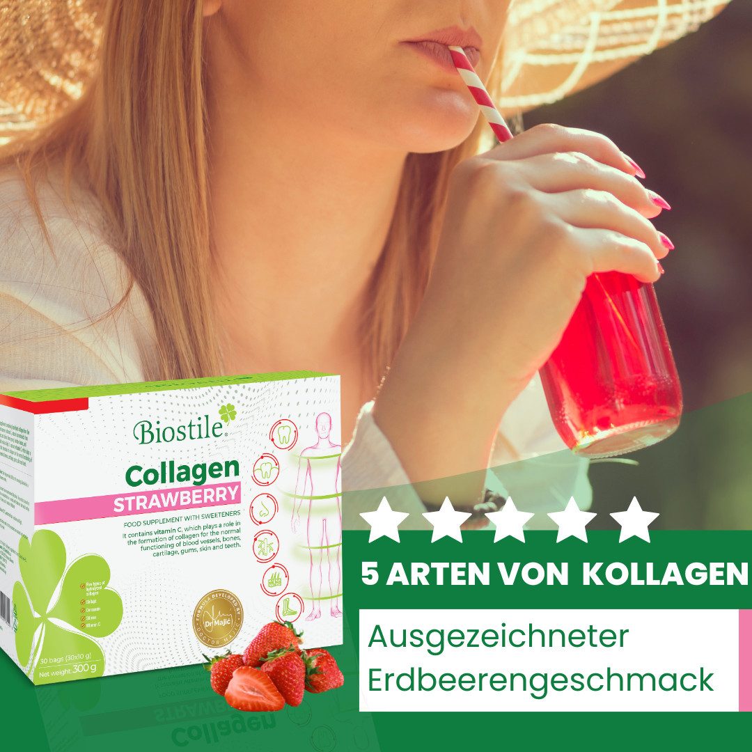Biostile Kollagen Pulver Erdbeere mit 5 Kollagenquellen für Haut Haare Nägel - Kollagenpulver, 300 g, Mit Vitamin C, Curcumin und Shilajit, Erdbeergeschmack, 30 Beutel