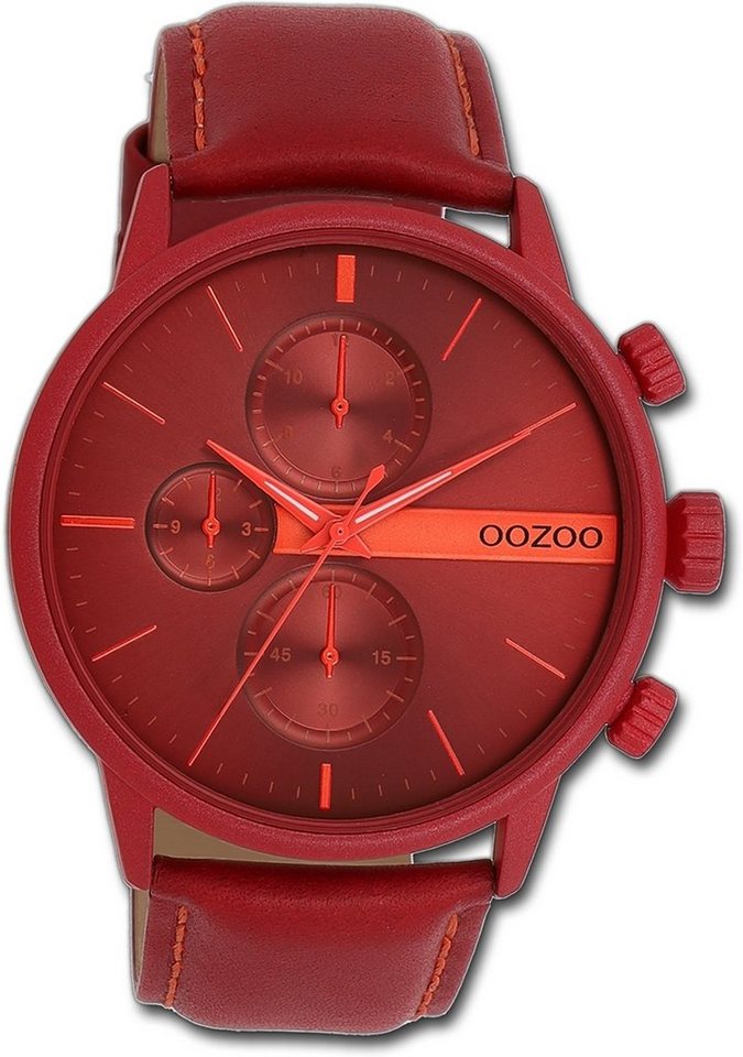 OOZOO Quarzuhr Oozoo Herren Armbanduhr Timepieces, Herrenuhr Lederarmband  rot, rundes Gehäuse, groß (ca. 45mm)