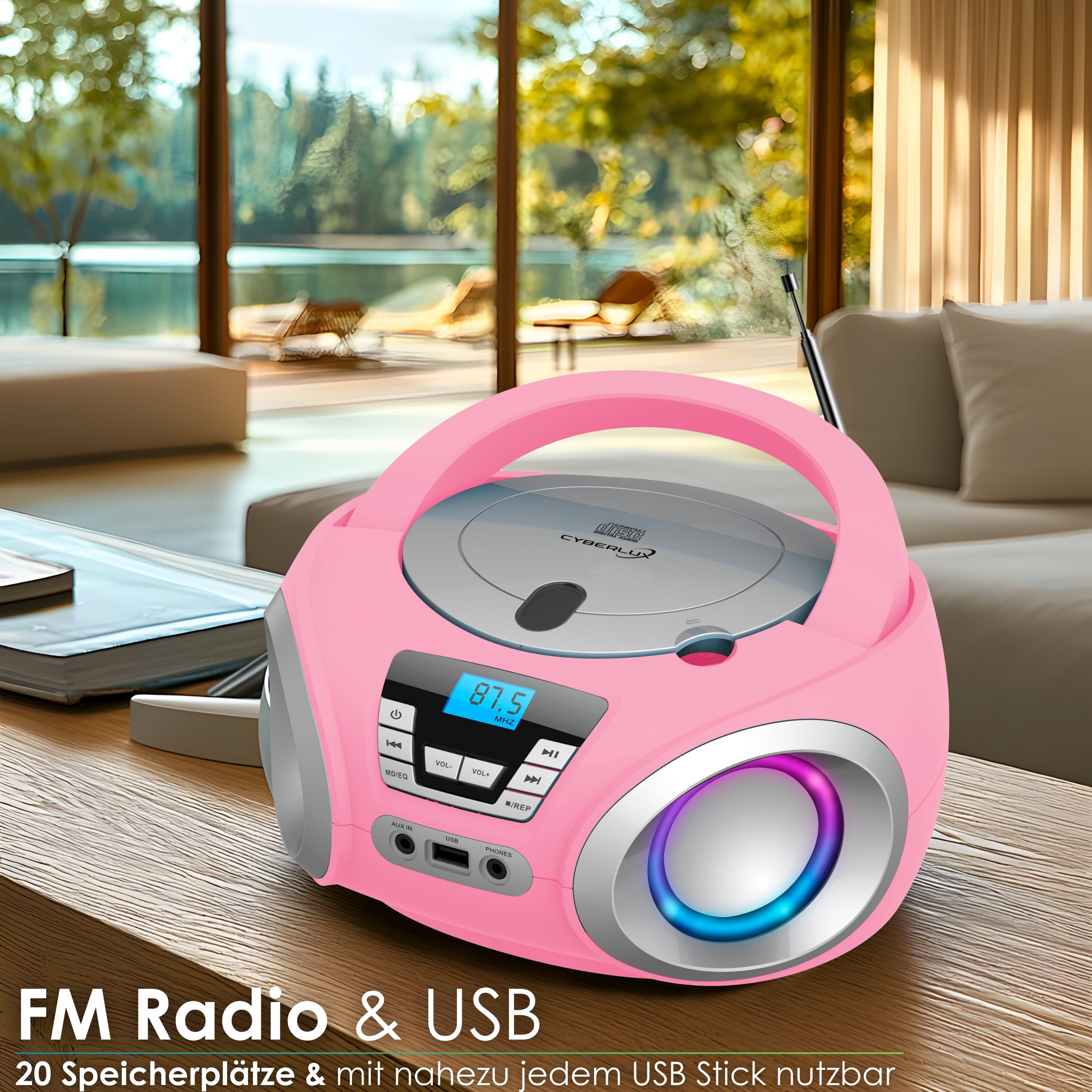Cyberlux CL-910 tragbarer CD-Player (CD, Boombox,tragbar,LED-Disco-Beleuchtung,FM Radio mit MP3 USB)
