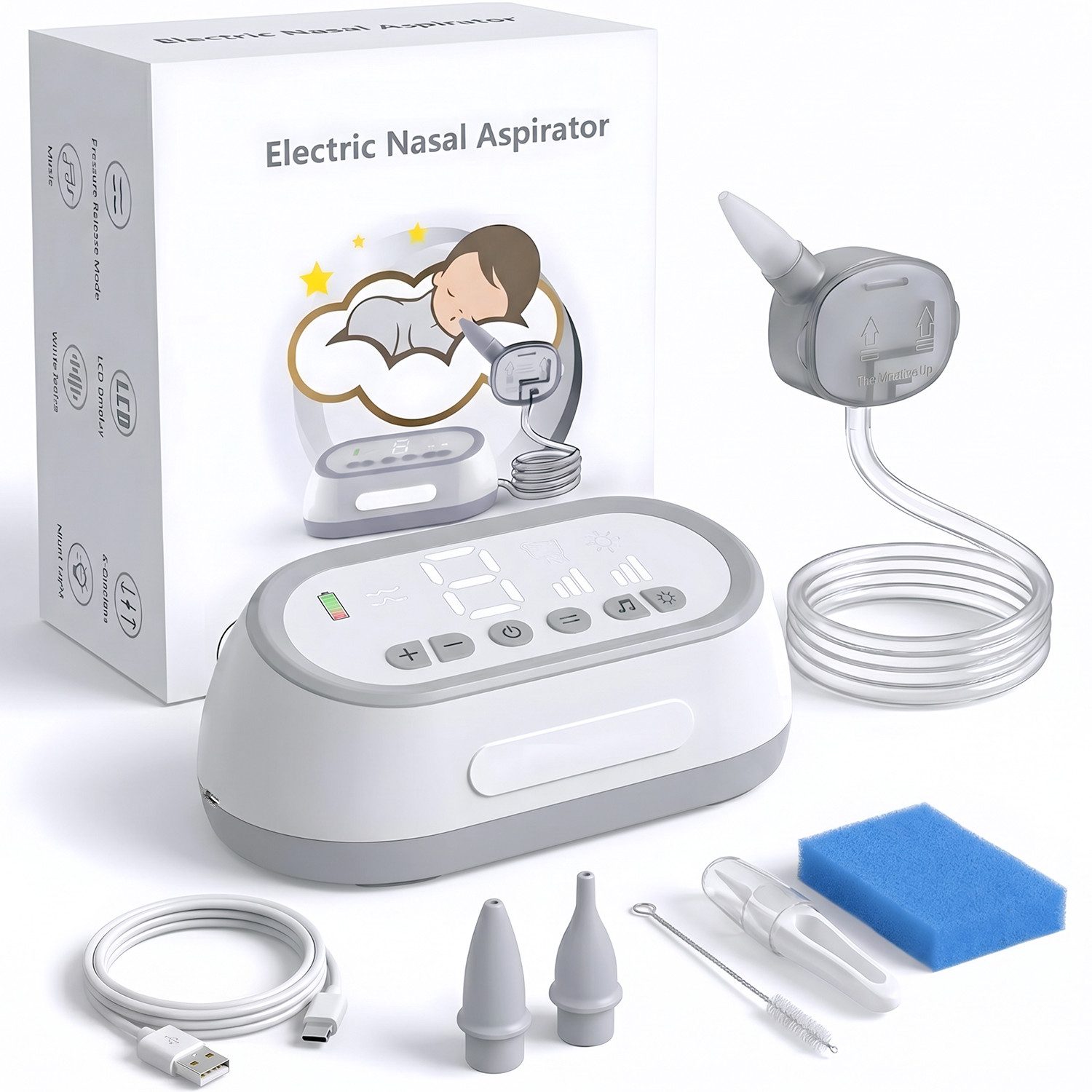 AIMAX Nasensauger Baby Elektrisch 6 Saugstärken 6 Musik & LED-Licht, Wiederaufladbar, 2 GrößEn Silikon Tipps Staubsauger mit Linderung für Verstopfte Nasen