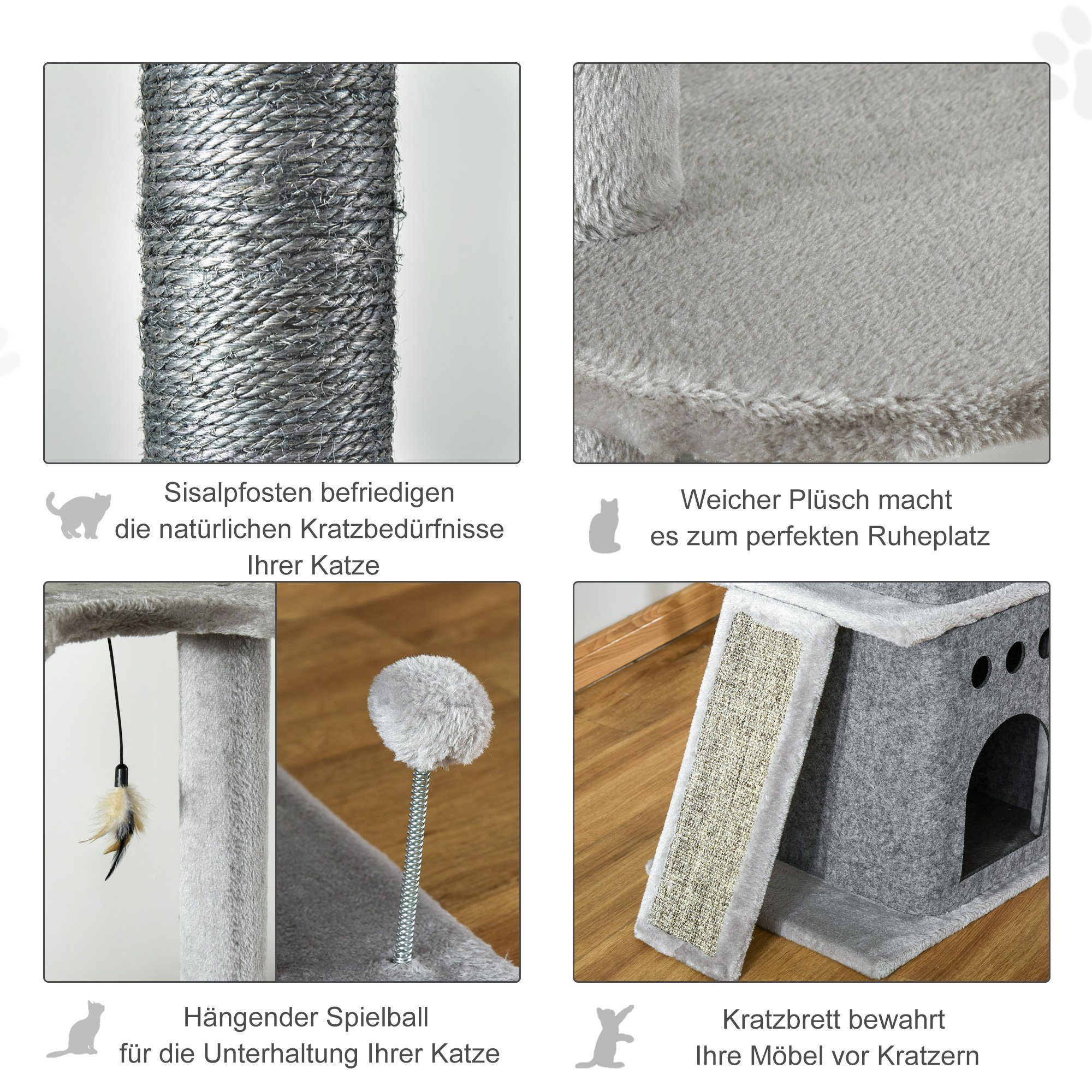 PawHut Kratzbaum Katzenbaum Deckenhoch Kletterbaum mit Katzenspielzeug, Sisal Plüsch Hellgrau höhenverstellbar 60 x 40 x 225-255 cm