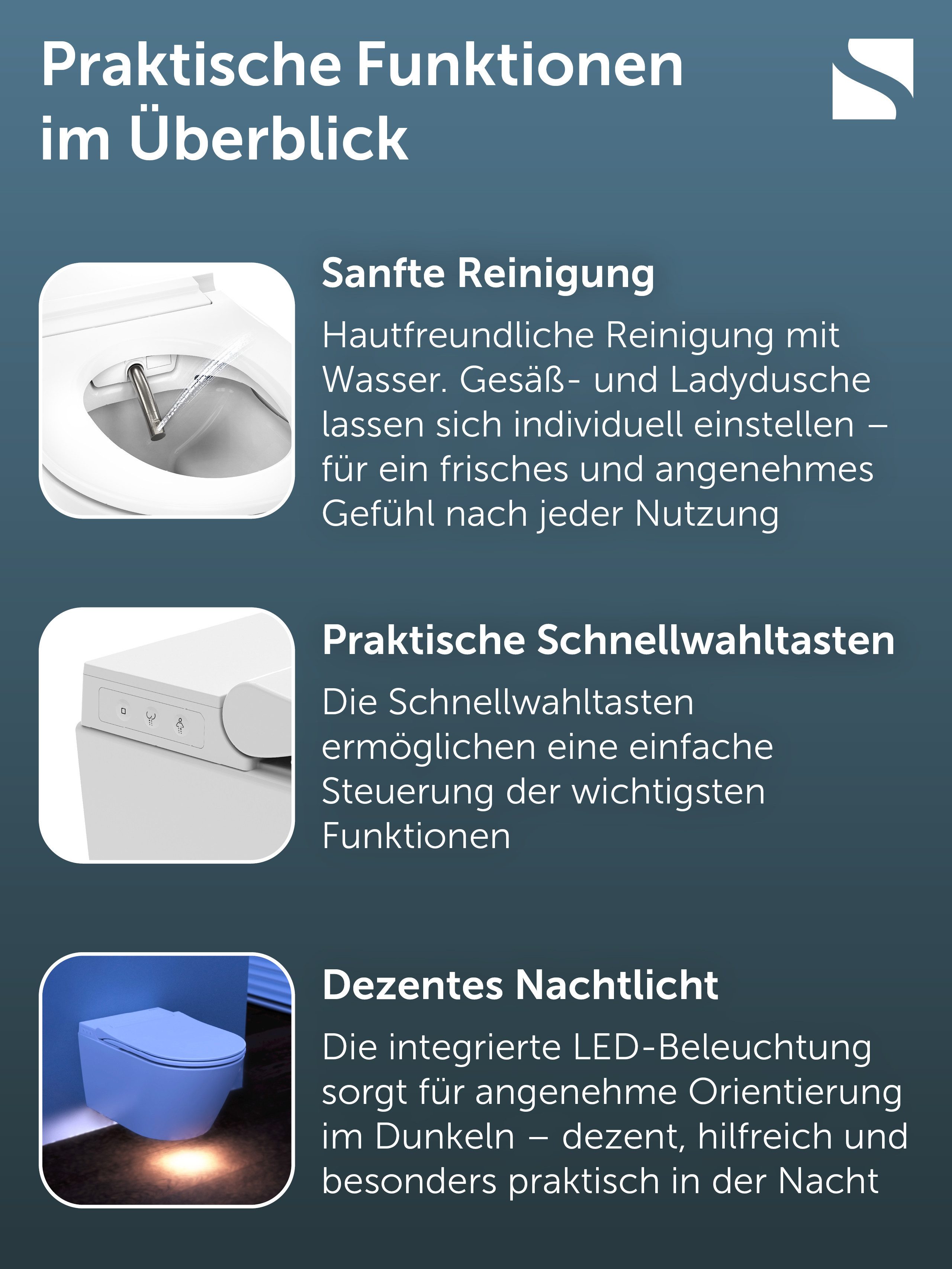 Schütte Dusch-WC, Abgang waagerecht, Dusch-WC, Wandhängend, spülrandlos, Gesäß- & Ladydusche, LED
