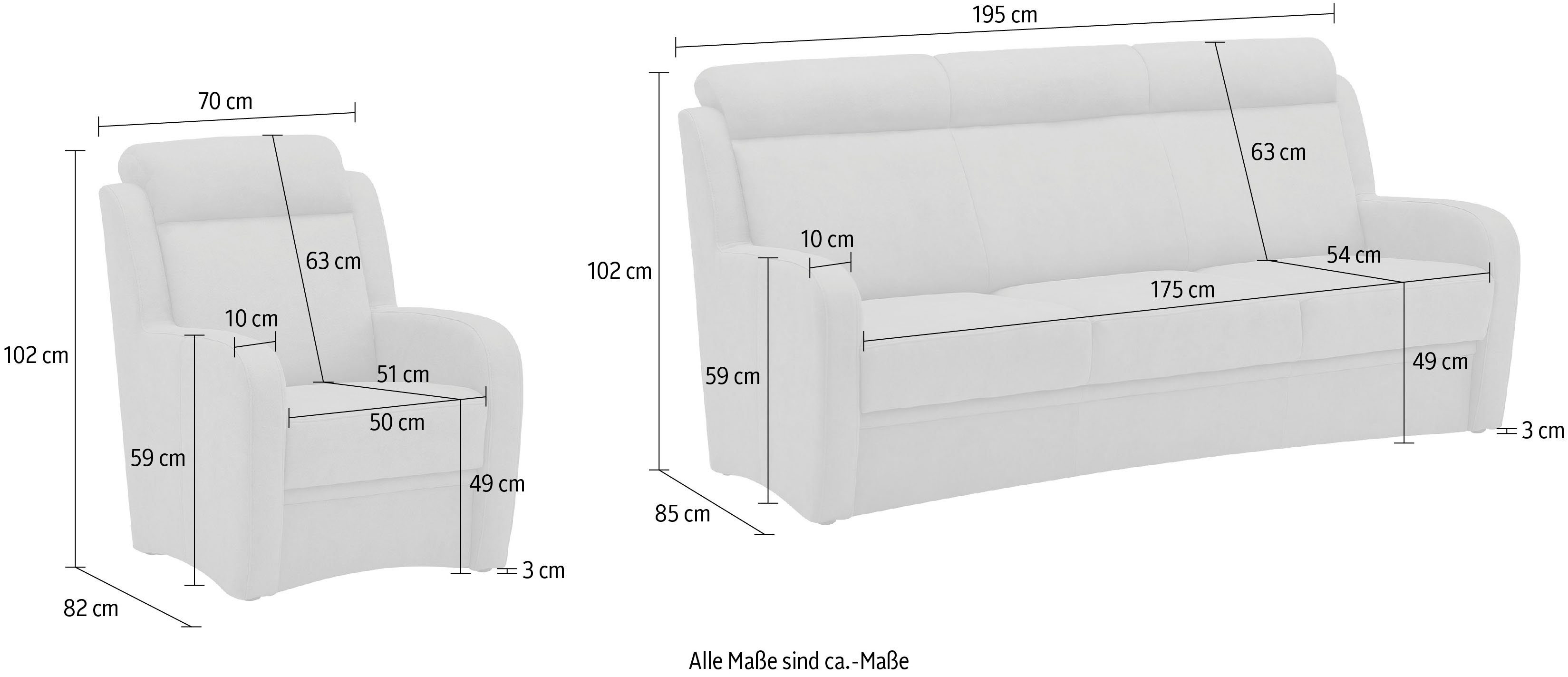 BECK (3-tlg), Polstergarnitur Sessel, 3-Sitzer 49 Varese, aus VILLA Sitzhöhe Set in Kopfteilverstellung, und 2x