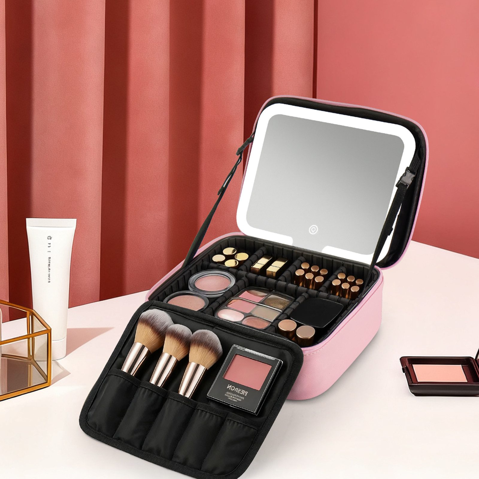 Youyijia Taschenorganizer Make-up Tasche mit LED Spiegel, 3 Lichtmodi & Dimmbare Helligkeit