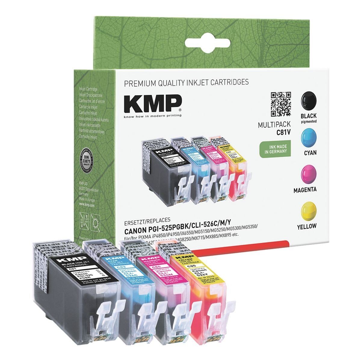 KMP Tintenpatrone (Set, 4-tlg., ersetzt Canon »PGI-525PGBK/CLI-526C/M/Y«) schwarz, cyan, magenta, gelb