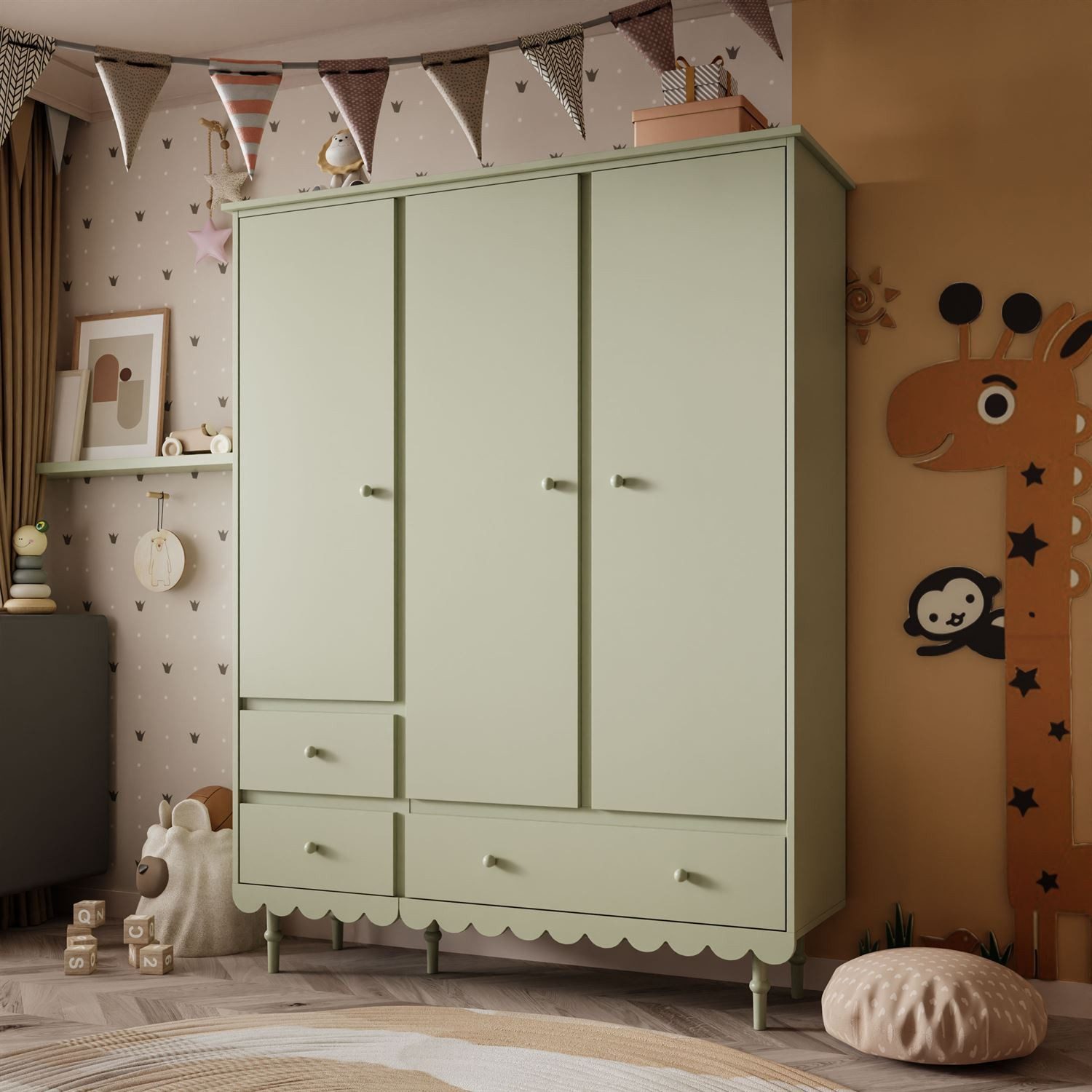 Lookway Kinderkleiderschrank BABUSHKA Dreitüriger Kleiderschrank mit Schubladen.