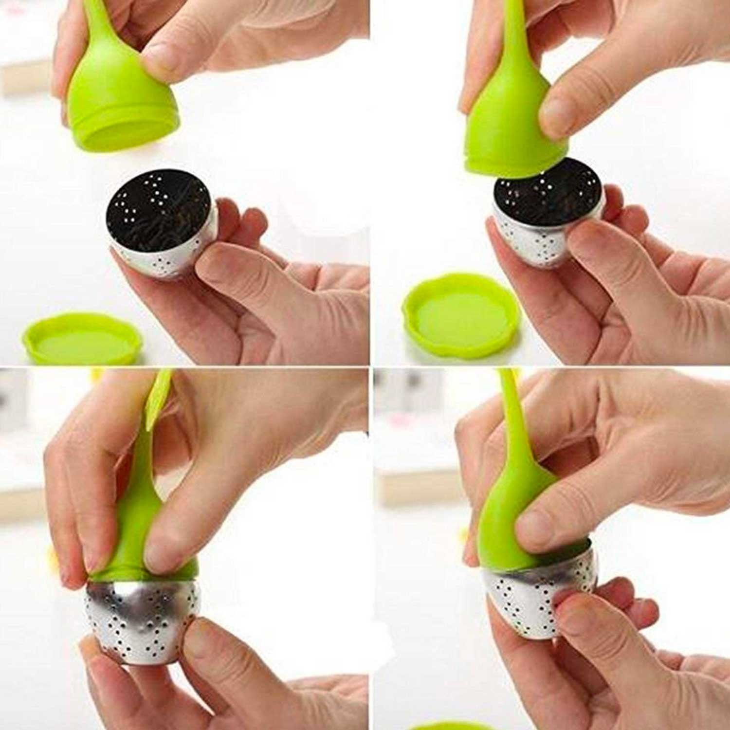 Malantis Teesieb Malantis Teesieb, grünem Blattgriff, Edelstahl & Silikon + Untersetzer, (Teesieb, Teekugel, Teefilter BPA frei, 1-St., für losen Tee), aus rostfreiem Edelstahl und Griff aus Silikon inkl. Untersetzer!