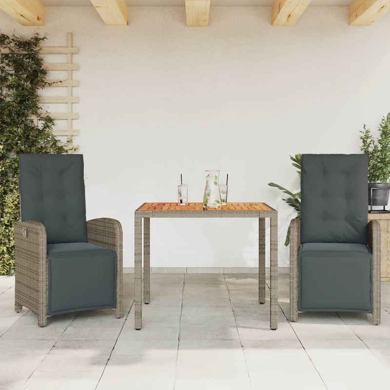 vidaXL Gartenlounge-Set 3-tlg. Bistro-Set mit Kissen Grau Poly Rattan, (3-tlg)