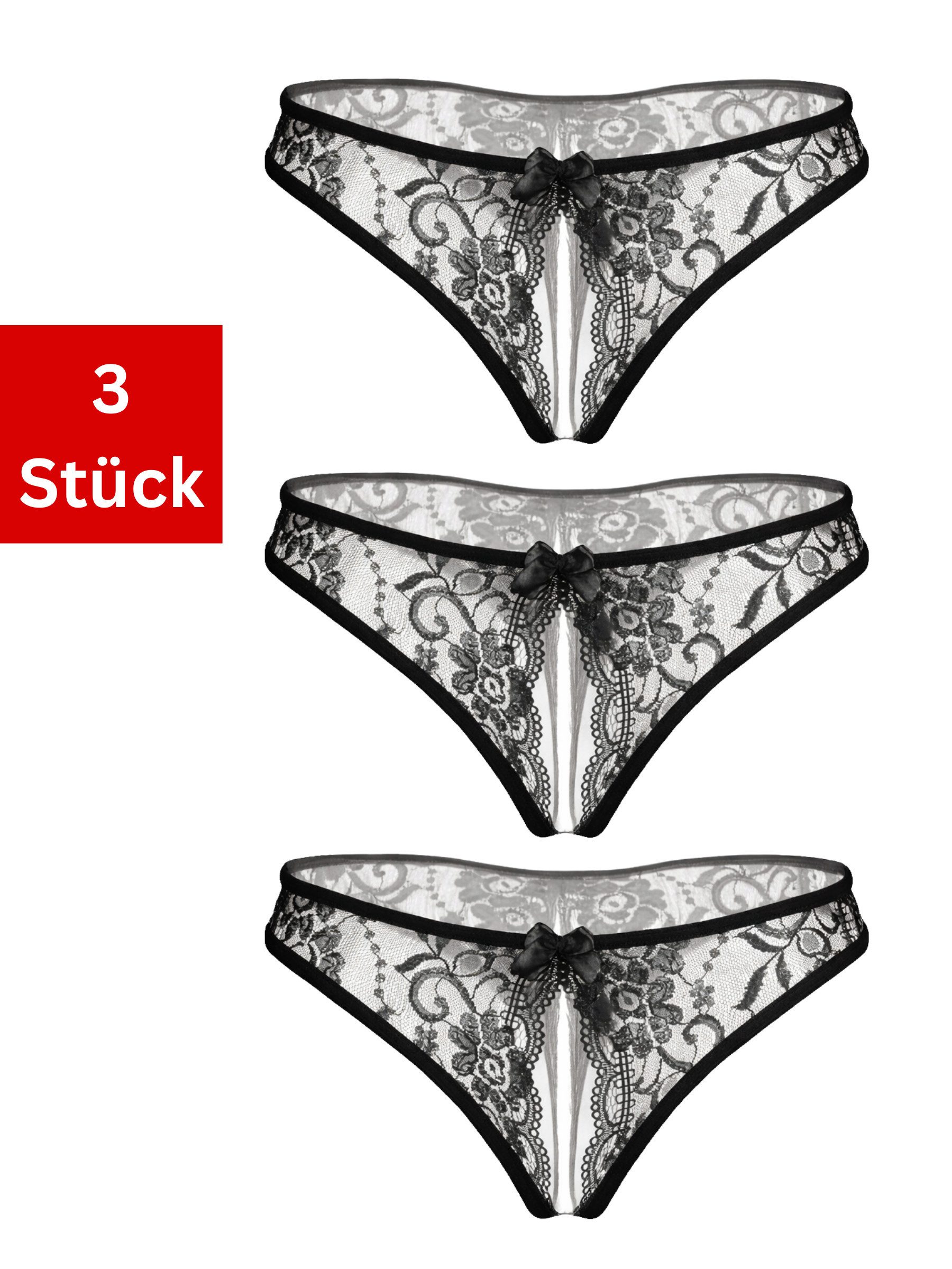 Elegant Love Slip-Ouvert Spitzen-String mit offenem Schritt – Damen Tanga (Packung, 3-St., 3er-Pack) Dessous für besondere Anlässe – Reizwäsche mit raffiniertem Höschen