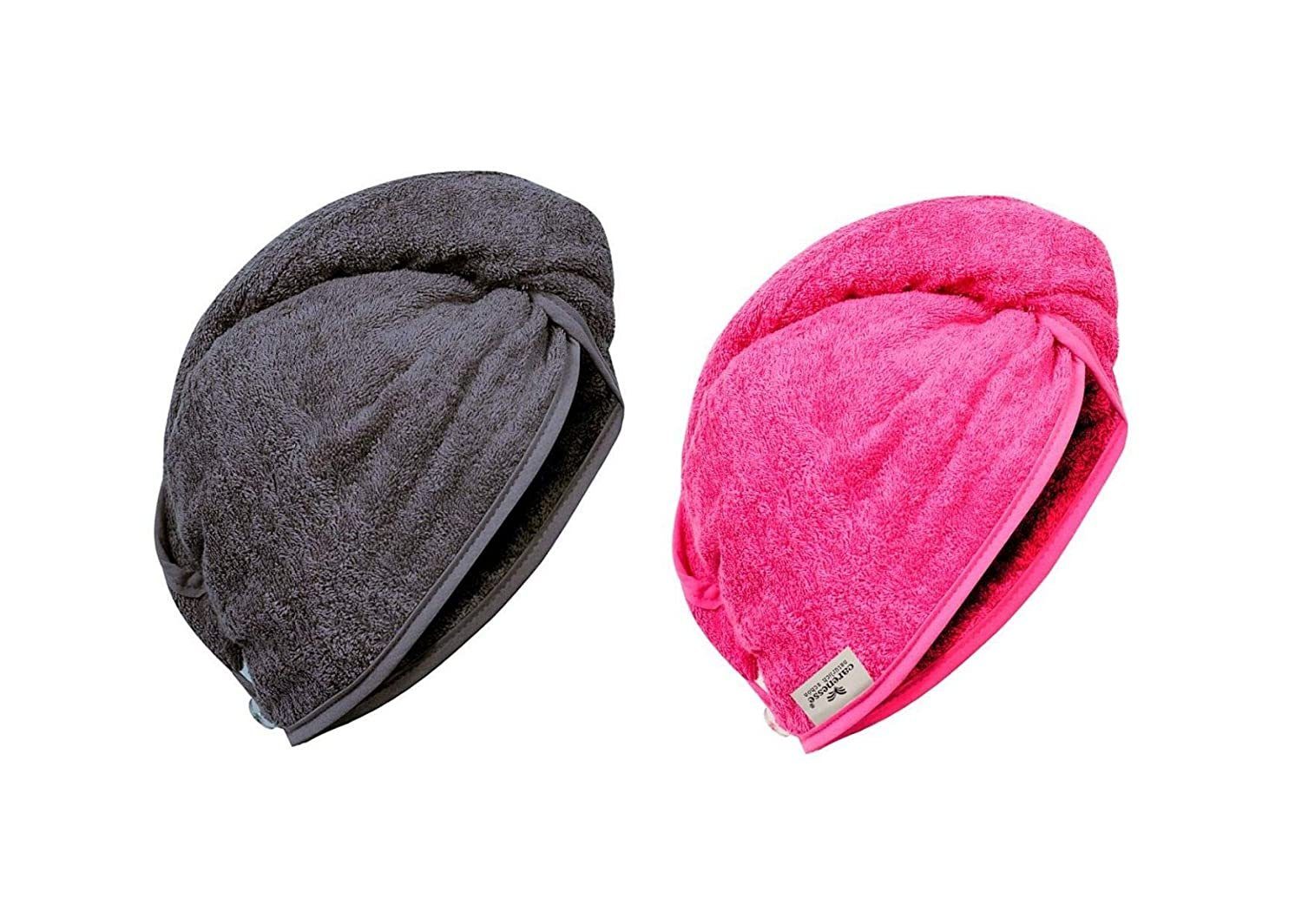 Baumwolle Haar Haarhandtuch Haarturban grau, + & Schlaufe, Carenesse Haar-Turban 2x Handtuch Knopf Turban-Handtuch Haare pink Turban Towel aus saugstarker Hair