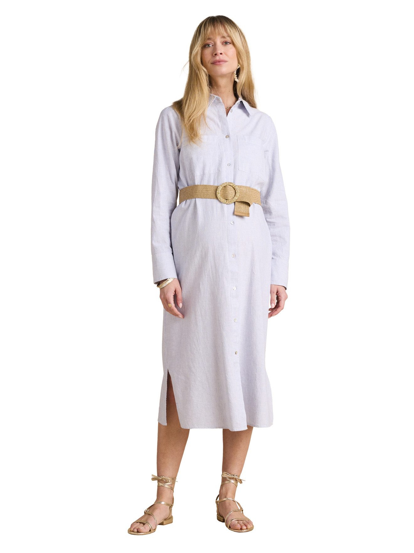 Envie de Fraise Umstandskleid Hemdblusenkleid für Schwangerschaft und Stillzeit Leinenmix, 2 Brusttaschen, Hemdkragen, Bastgürtel mit Zierschnalle