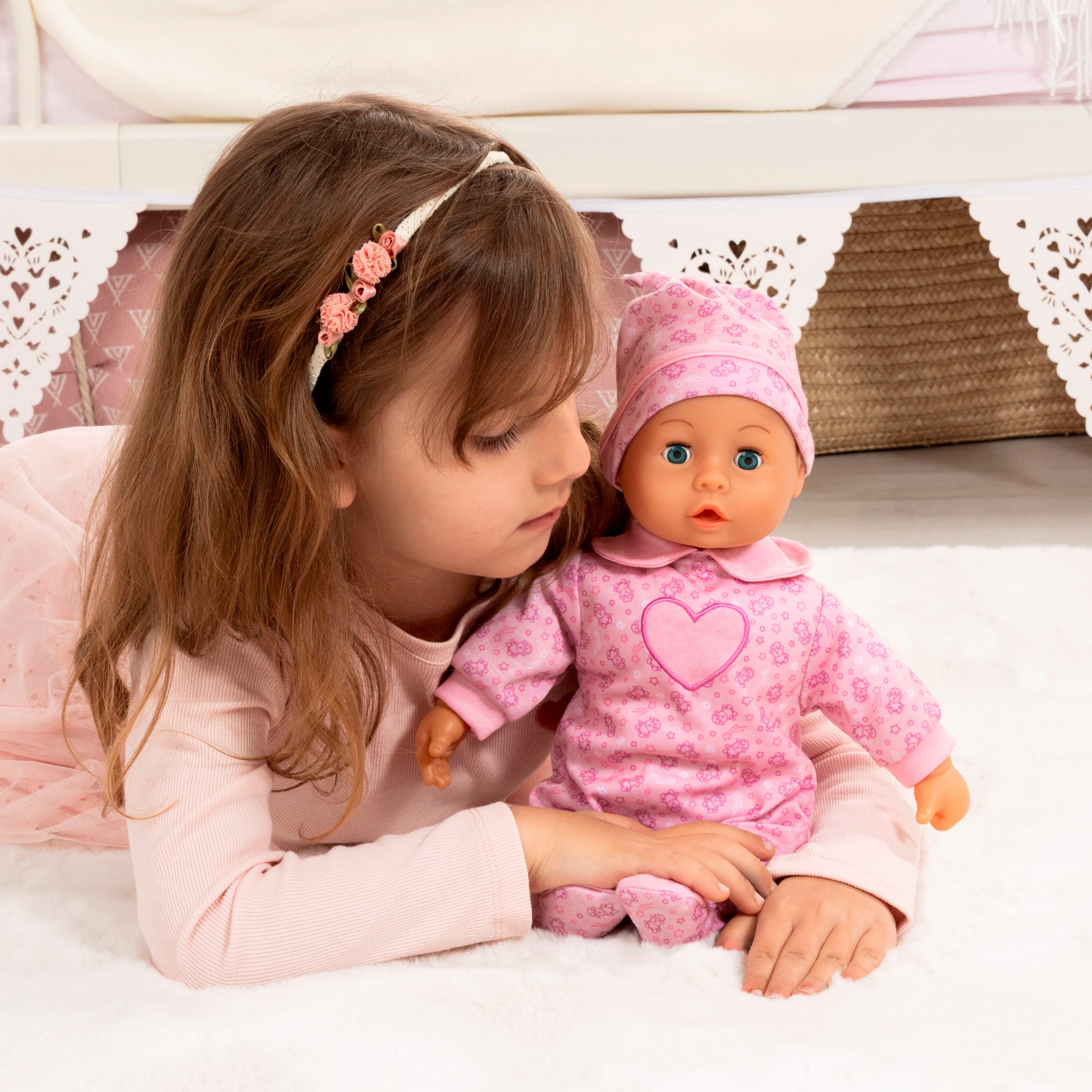 Bayer Babypuppe First Words Baby, 38 cm, Schafe rosa (3-tlg), mit Schlafaug günstig online kaufen