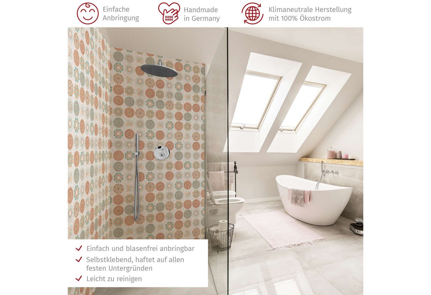 Thumbnail - Bilderdepot24 Badrückwand Fliesenoptik orange Duschrückwand ohne Bohren Dusche, (2-tlg., Hart-Folie Premium matt 0,61 mm...