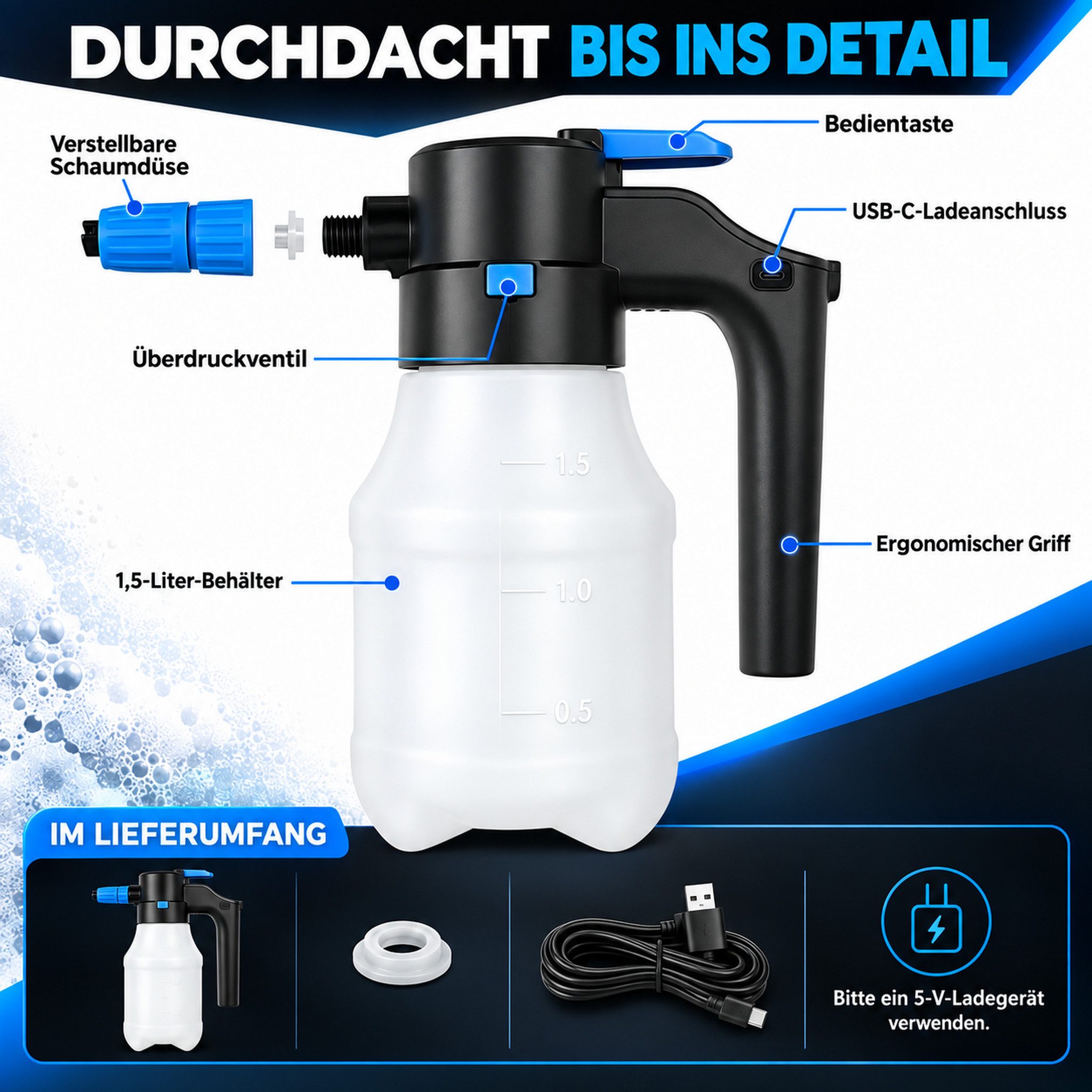 HS.SUPPLY Akku-Drucksprühgerät elektrischer Foam Sprayer, elektrischer Schaumsprüher, Auto Detailing, Mit Überdruckventil, Füllstandsanzeige & verstellbarer Düs – Bild 5 von 5