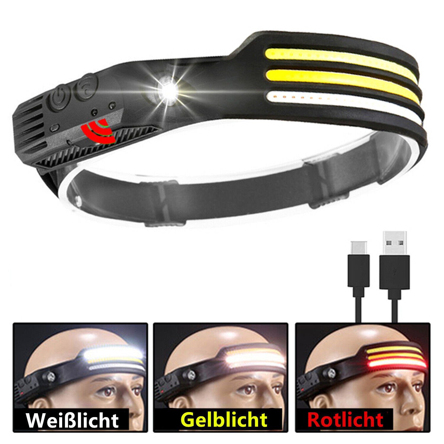 COB 1-3 IPX4 COB Modi USB Olotos Wasserdicht 5 3 Wiederaufladbar Sensor, LED Licht Weitwinkel 230°Ultra Scheinwerfer XPE Kopflampe mit - Stirnlampe Weiss+Gelb+Rotlicht Gelb COB Rot