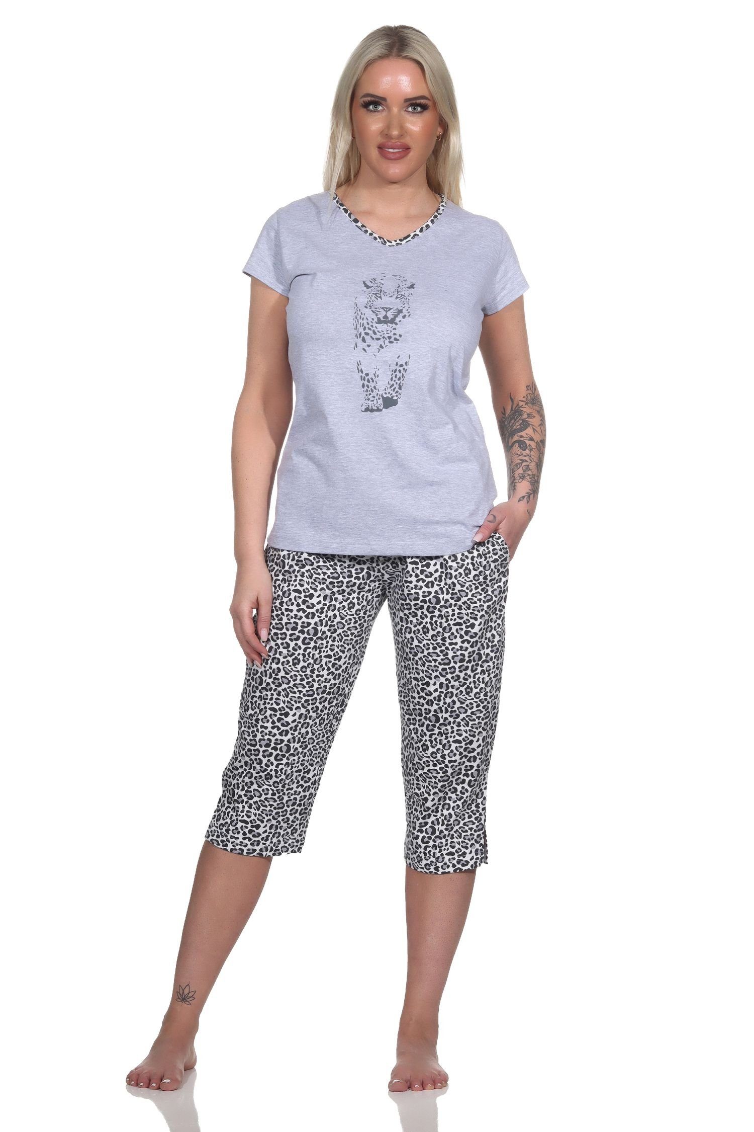 Pyjama Normann Schlafanzug grau-mel. mit Kurzarm Damen im Animal-Print-Look Capri Tiermotiv