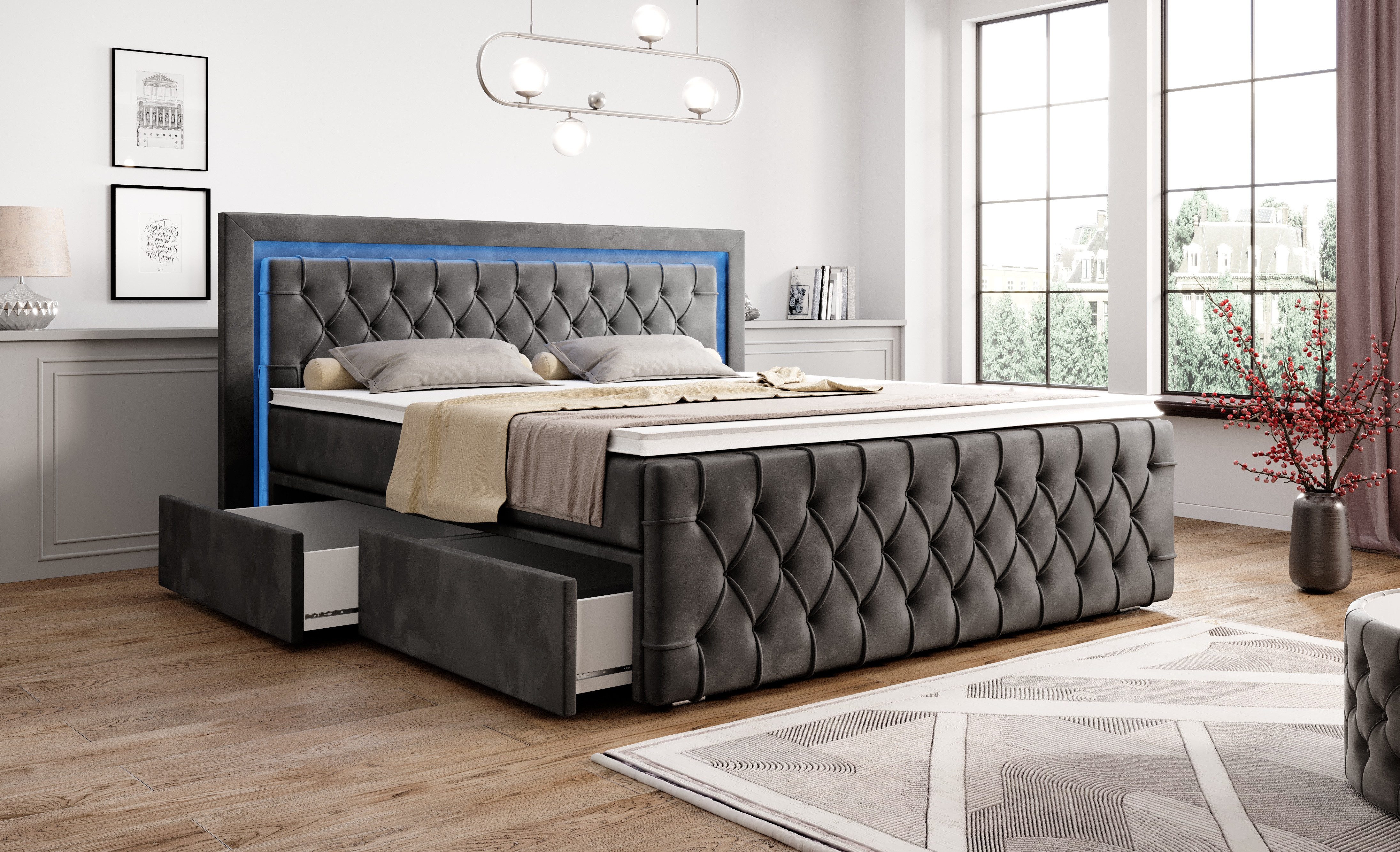 PROMETO Möbel Boxspringbett Arosa 7-Zonen-Taschenfederkernmatratze 180 x 200 cm - LED 16 Farben