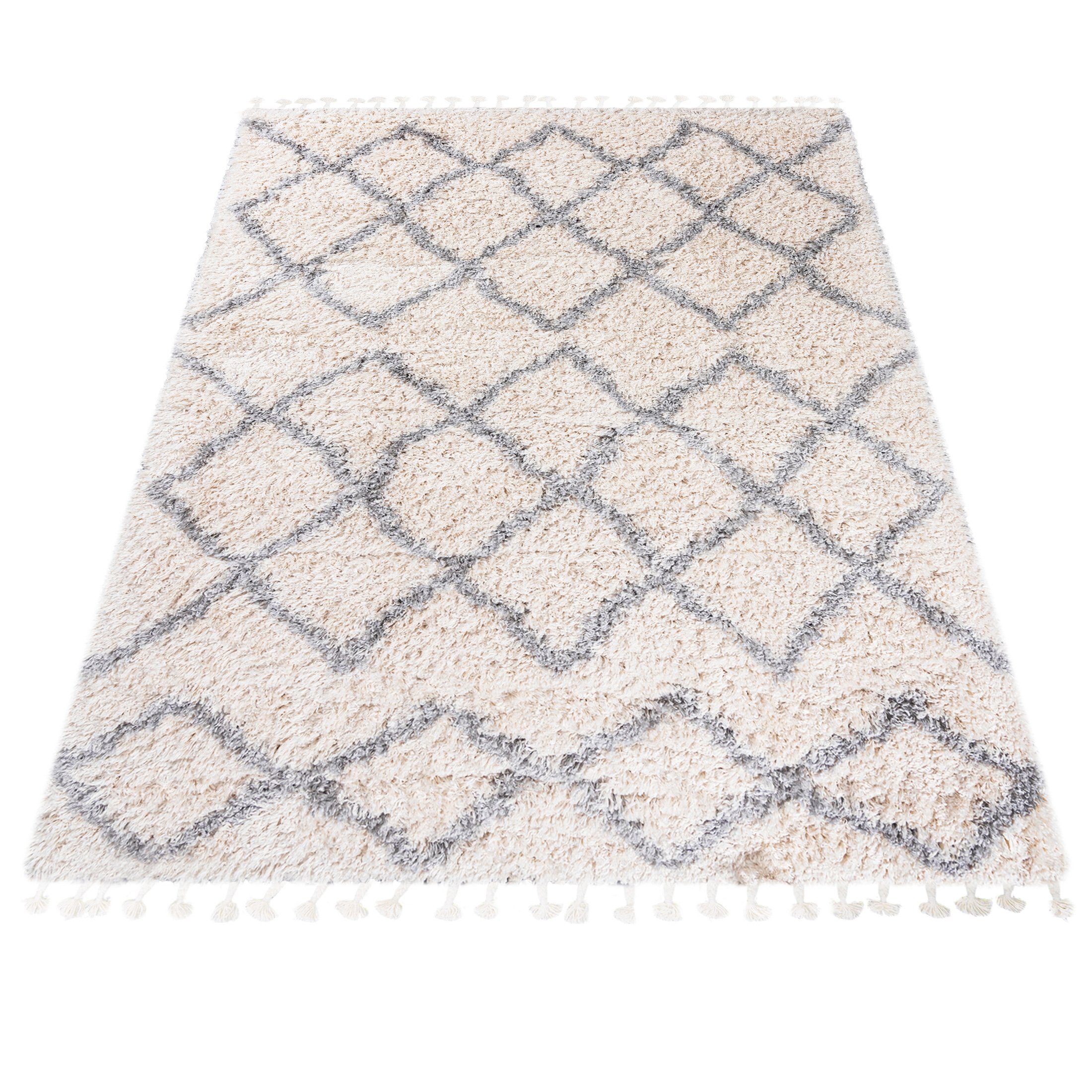 Creme, 100 Boho Fransen Höhe Rechteckig, für Wohnzimmer Teppich Shaggy mm x Langflor, - cm, - Weich 60 Hochflor-Teppich 35 Hochflor Mazovia, Pflegeleicht, look,