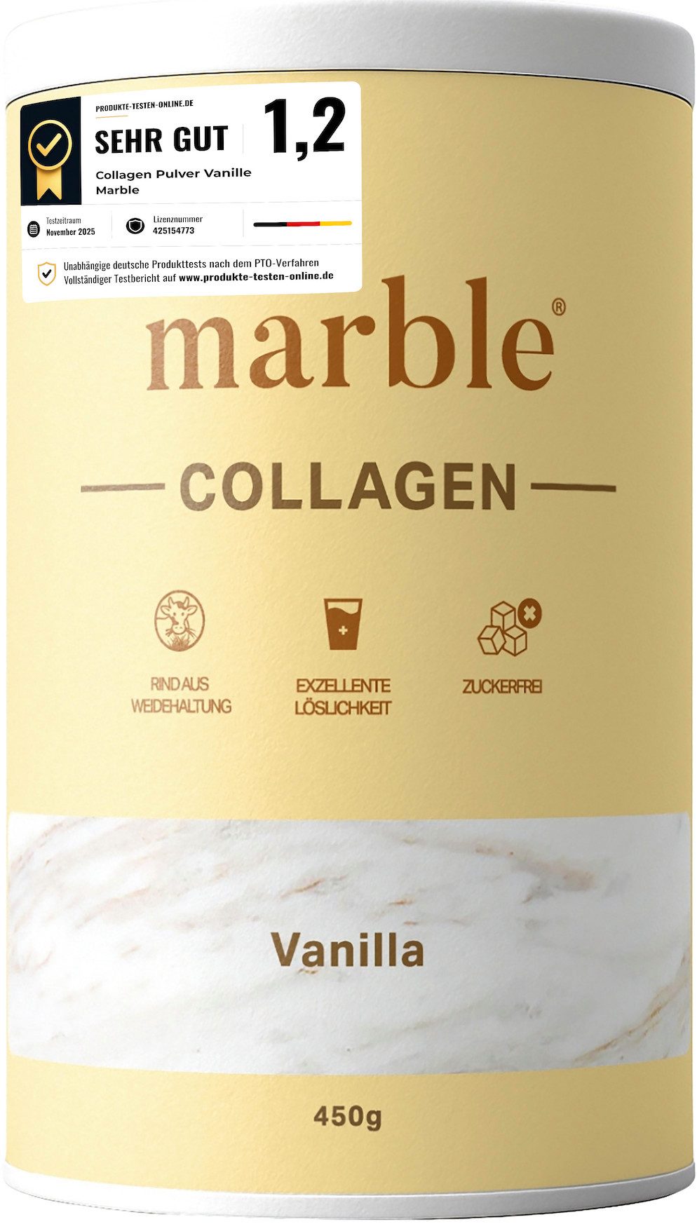 Marble Kollagen Pulver 450 g – Peptide Typ 1, 2 & 3, Vanille - marble® Pulver, 1 er 1 St., 450 g, Pappdose ohne Plastik