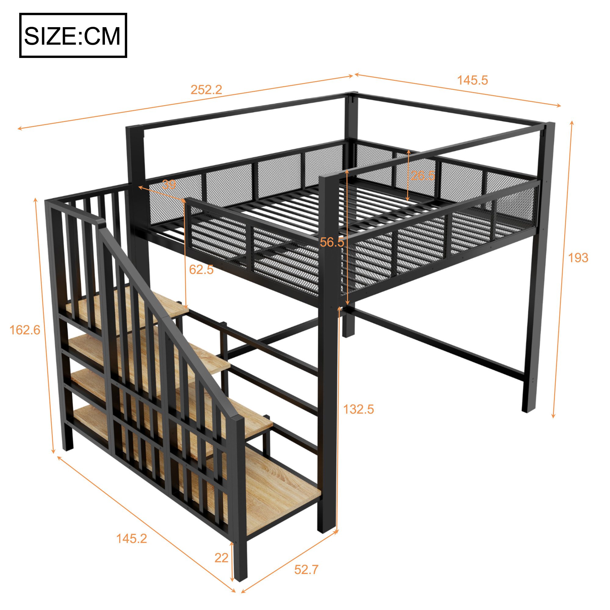 Celya Hochbett Metall Einzel-Hochbett mit Sicherheitsgitter im Netzdesign (ohne Matratze, mit Stauraumstufen fürs Schlafzimmer)