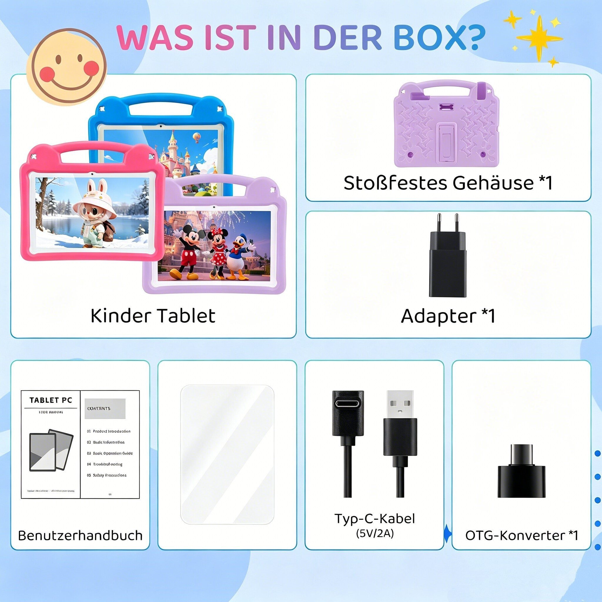 LETGOSPT Kinder Tablet mit Hülle, Android 15 Octa Core 64GB Expand 1TB HD IPS Tablet (10.1", 64 GB, Quad Core, 2.4G+5G, WiFi, WiFi 6 BT 5.0, Google Kids Space, Gemini AI, mit Stylus Tasche Sticker)
