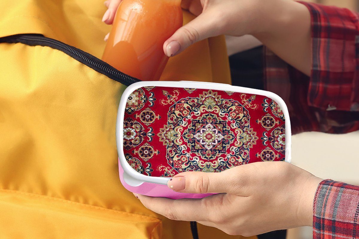Kinder, Teppiche Rot, - Snackbox, Kunststoff, für - Brotdose Lunchbox MuchoWow Mandala Teppiche Mädchen, Brotbox (2-tlg), Persische - Kunststoff Erwachsene, rosa