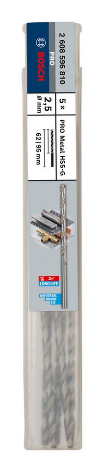 Thumbnail - BOSCH Metallbohrer Pro Metal HSS-G, (5 Stück), 2,5 x 62 x 95 mm - 5er-Pack