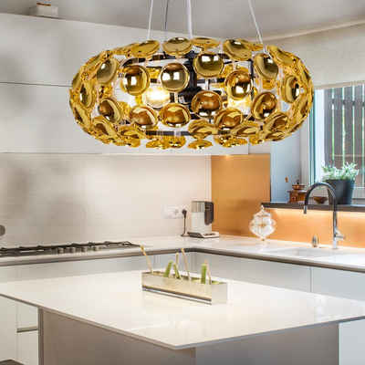 etc-shop Pendelleuchte, Pendelleuchte gold 3 flammig Esszimmerlampe hängend Hängeleuchte Wohnzimmer modern, höhenverstellbar, Blättchen-Dekor gold, 3xE14 DxH 48x150 cm
