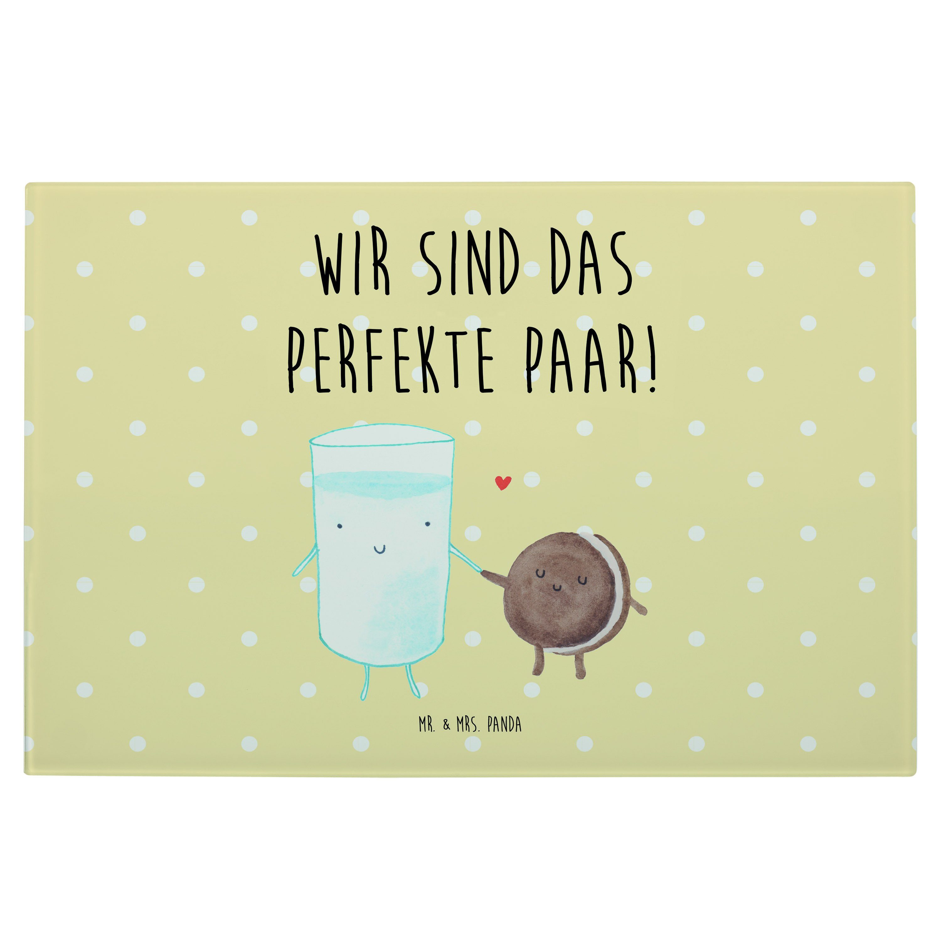 Mr. & Mrs. Panda Servierbrett Milch & Keks - Gelb Pastell - Geschenk, Gute Laune, Schneidebrett, Ke, Premium Glas, (1-St)