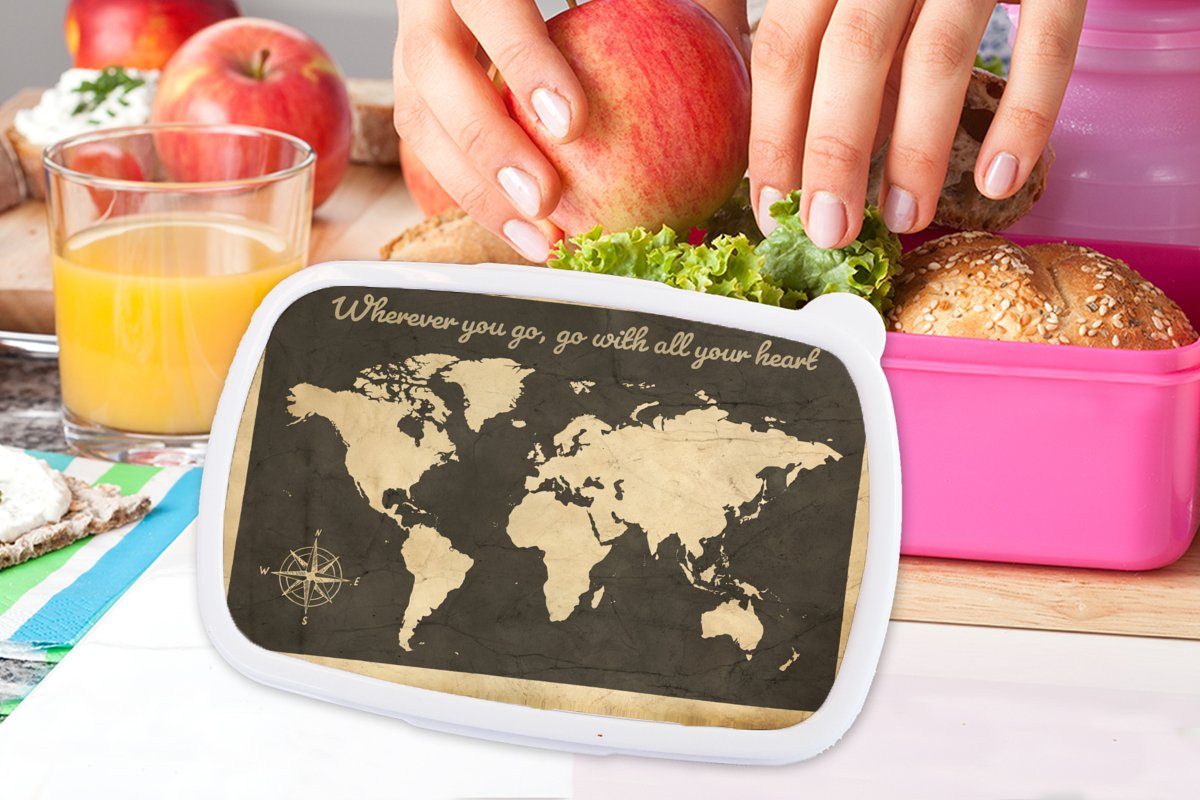 rosa für - Brotbox Zitat, Brotdose MuchoWow - Kompassrose Kunststoff, (2-tlg), Kunststoff Lunchbox Snackbox, Erwachsene, Kinder, Weltkarte Mädchen,
