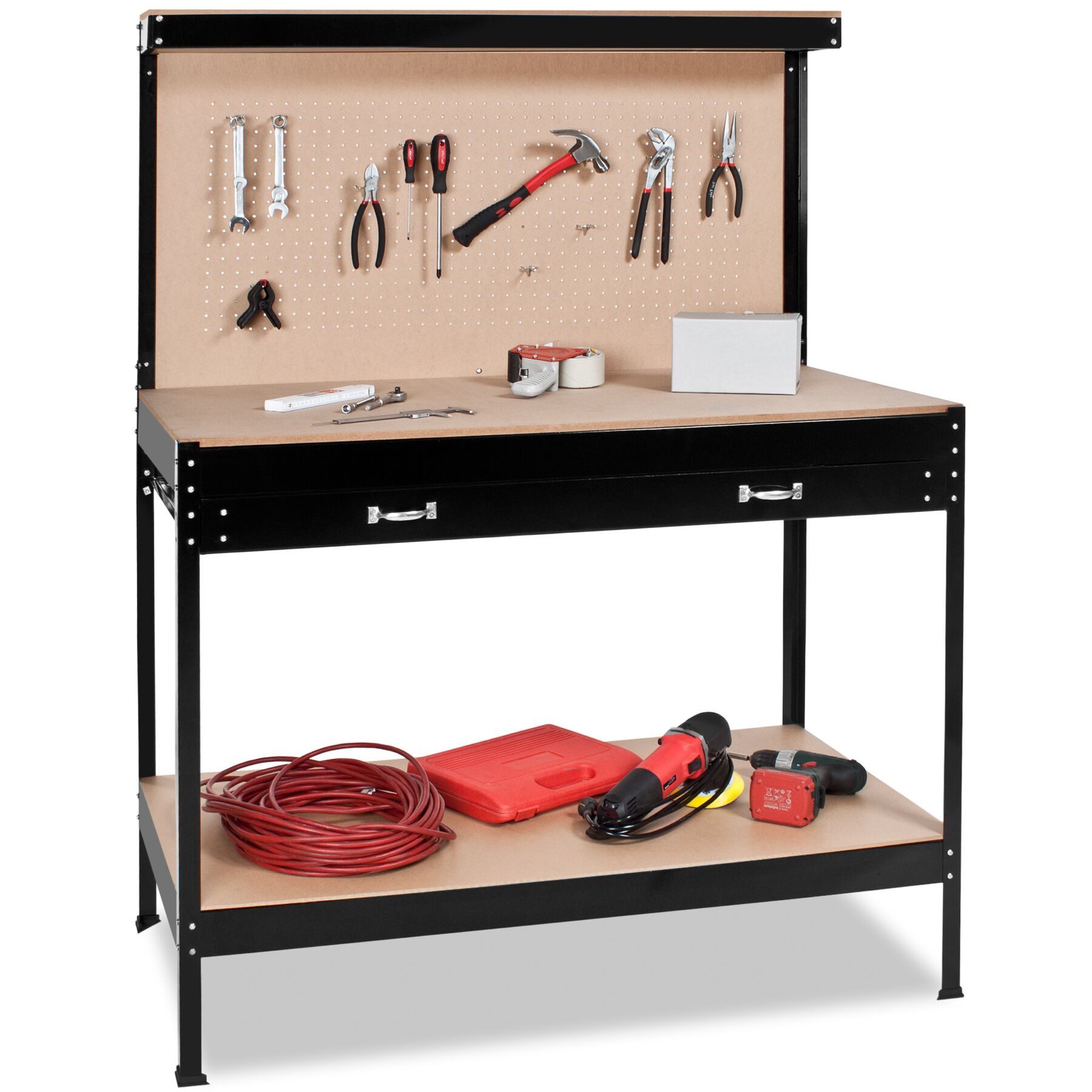 tectake Werkbank Werktisch mit Lochwand, große Schublade, 120 x 60 x 156 cm, (Werkzeugwand), 12 Haken, 2 Ablagen, Kunststoffkappen an den Füßen