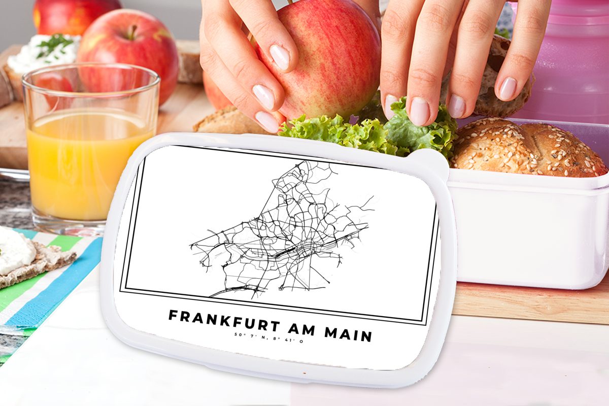 Karte am Kinder - - Brotbox Deutschland Frankfurt Lunchbox für für -, - Jungs und Stadtplan (2-tlg), Schwarz-weiß Mädchen Kunststoff, Brotdose, - und Erwachsene, Main MuchoWow