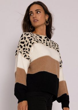 SASSYCLASSY Strickpullover Oversize Pullover Damen mit Leo-Print Lässiger Strickpullover aus weichem Grobstrick mit Streifen und Animalprint, One Size (Gr. 36-42)