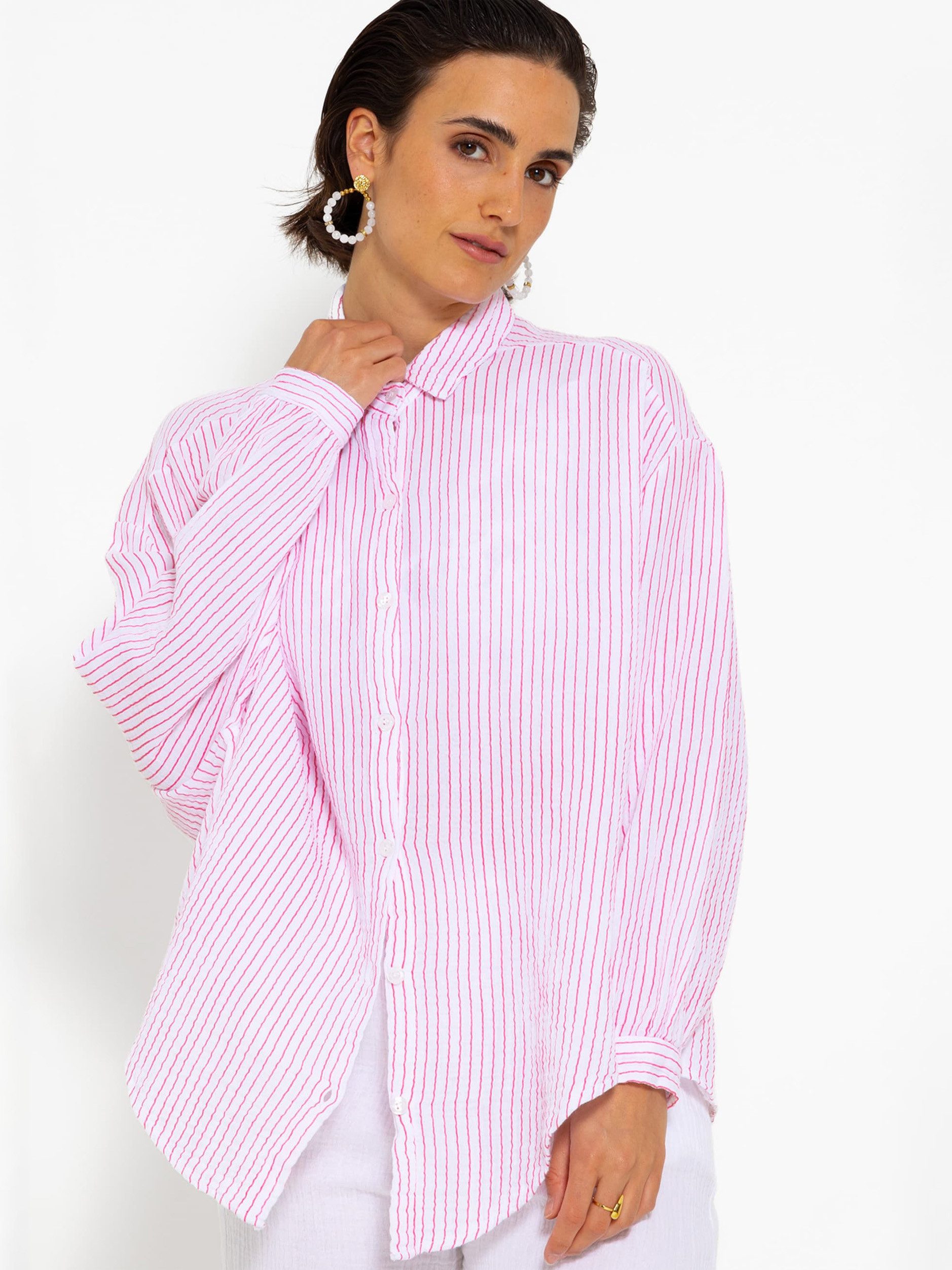 SASSYCLASSY Longbluse Oversize Musselin Bluse Damen Langarm gestreift Hemdbluse lang aus 100 % Baumwolle