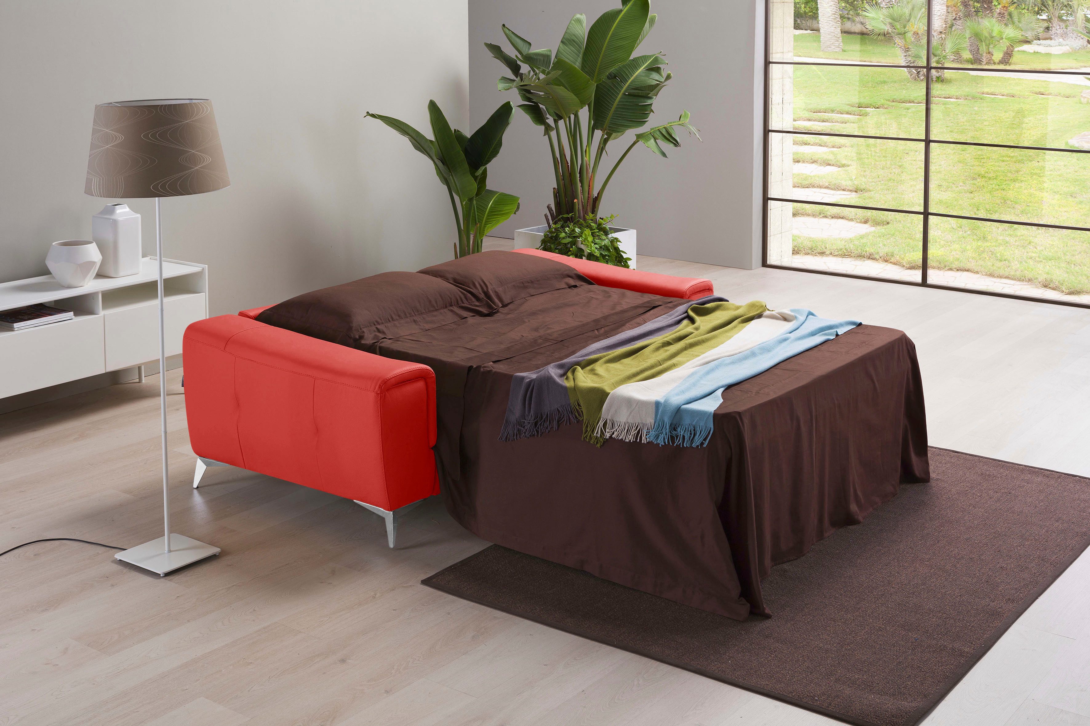 Egoitaliano Schlafsofa Francine Designsofa, Loungesofa mit Dauerschlaffunktion, Breite 233 cm, mit Bettfunktion, Leder BULL, kirschrot, Fußfarbe chrom