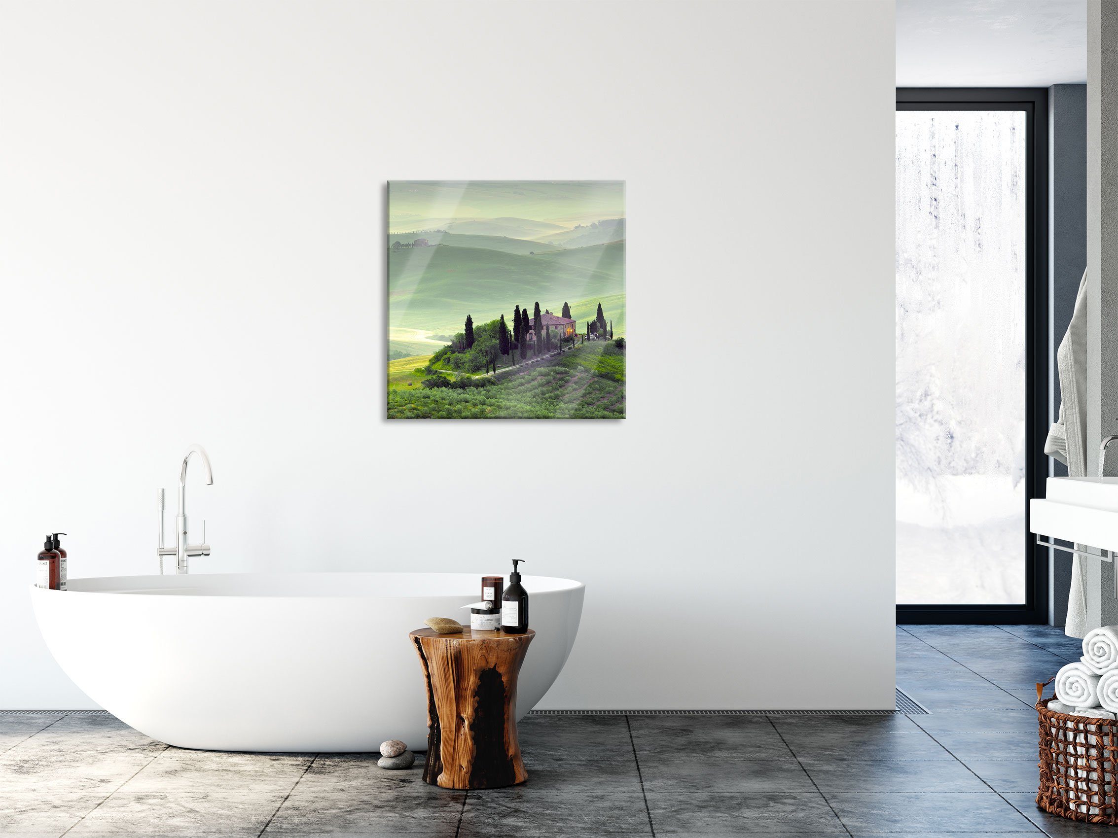 Glasbild Pixxprint Wunderschöne Toskana Landschaft Wunderschöne Echtglas, St), (1 Glasbild und inkl. Landschaft, aus Abstandshalter Aufhängungen Toskana