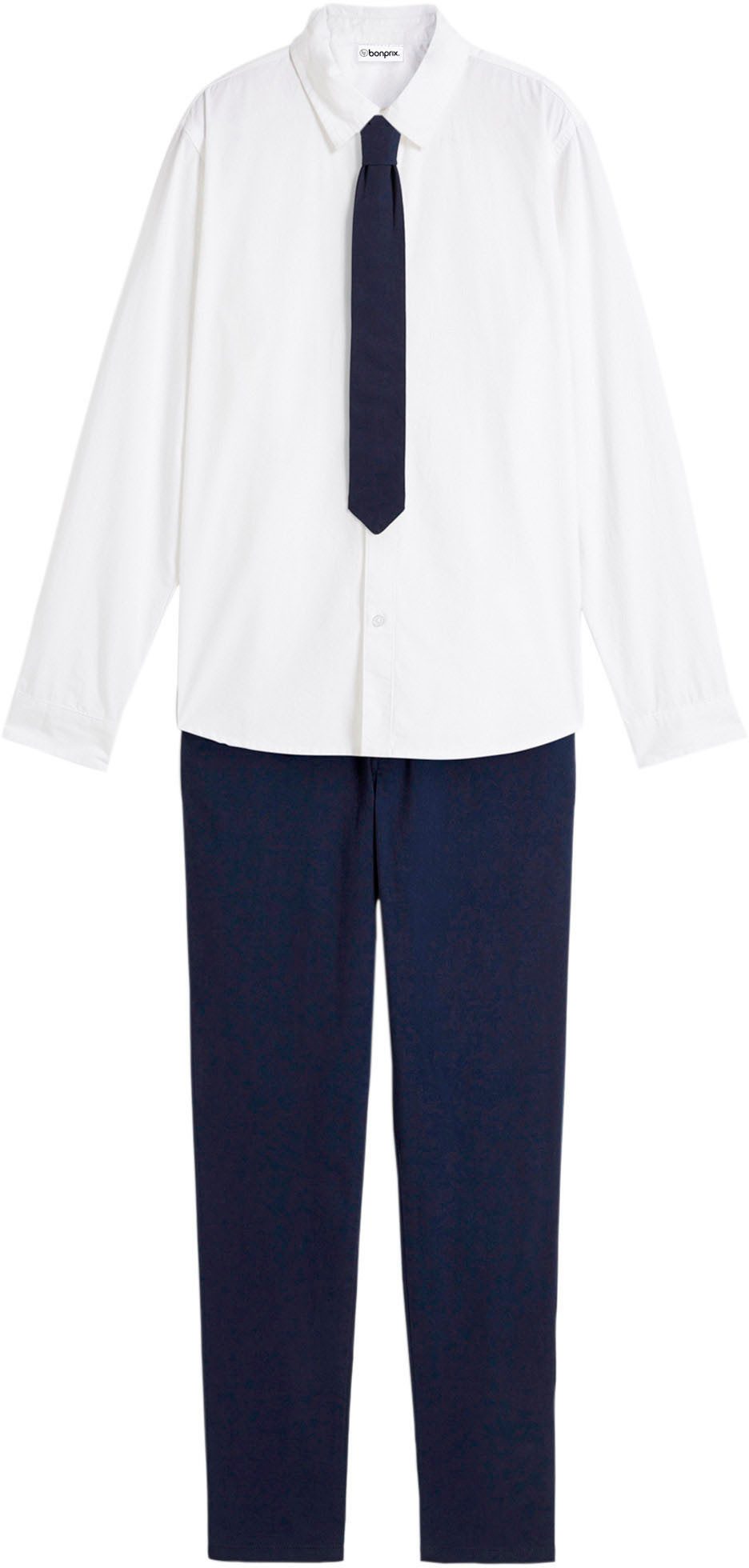 bonprix Langarmhemd (Set) 3-teiliges Set, Hemd unifarben mit Kentkragen, Hose und Krawatte