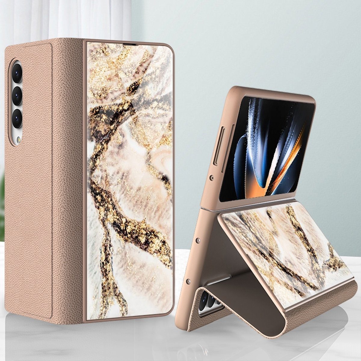 Wigento Handyhülle Für Samsung Galaxy Z Fold4 5G Design Galvanik Marble Muster 8 All-round Anti-Fall Handy Tasche Hülle Etuis