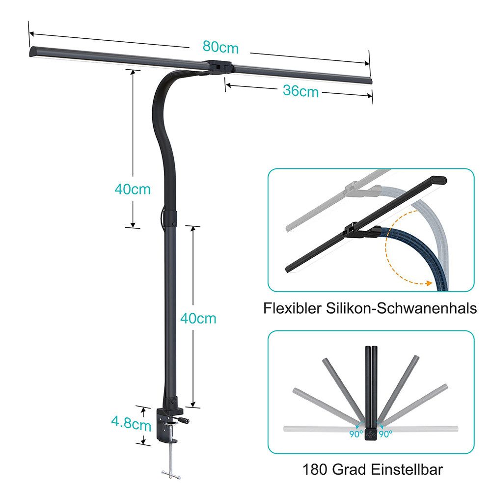 Lapamax LED Schreibtischlampe Schreibtischlampe LED Dimmbar Doppelkopf Klemmbar mit Fernbedienung, 24W, 80CM, 5 Farben und 5 Helligkeitsstufen, Augenschutz Monitor Lampe Tageslichtlampe Leser Architekenden Büro