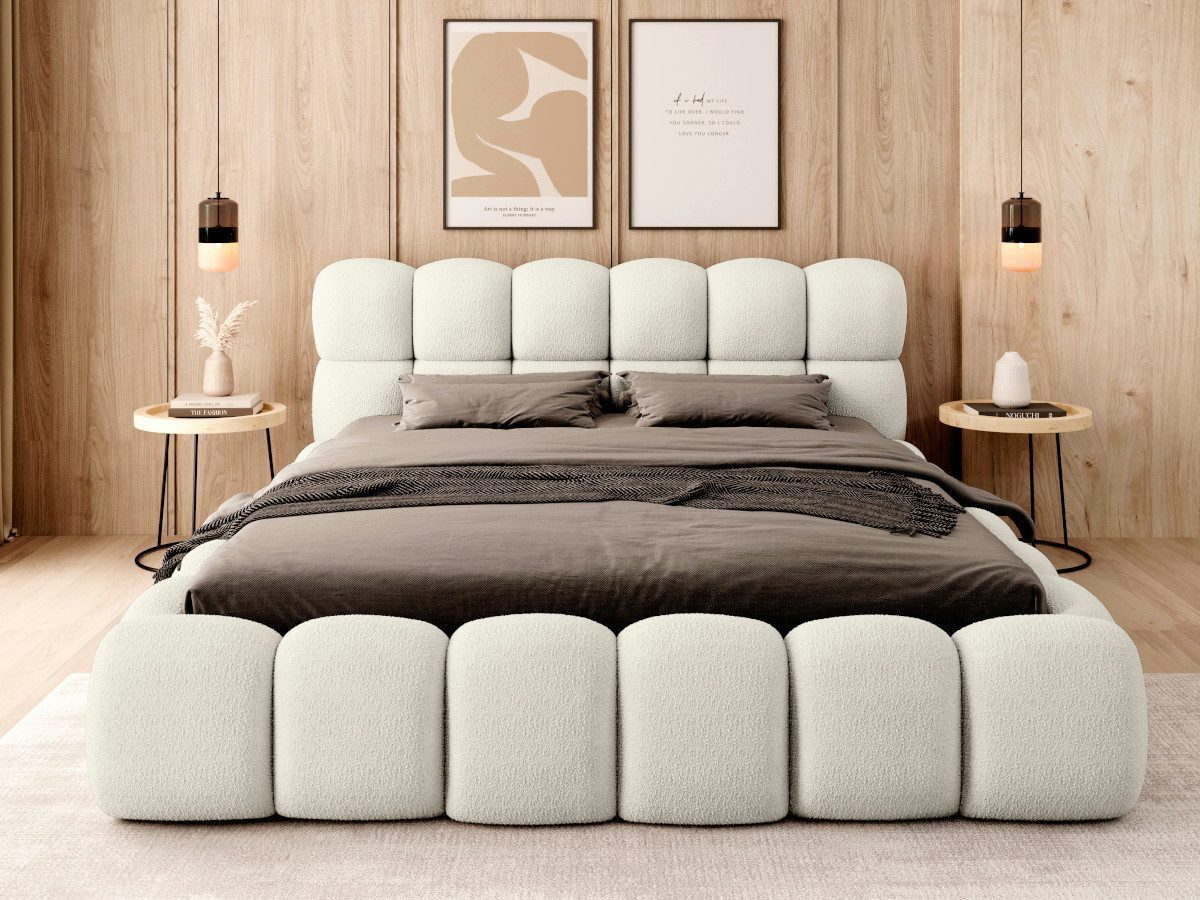 thematys Polsterbett mit Bettkasten / Stauraumbett, Bouclé 140x200 - 200x200cm (Optional mit 28 cm H3/H4 Taschenfederkern oder 23 cm Taschenfederkern-Matratze H2, Wolkenbett mit XXL Kopfteil)
