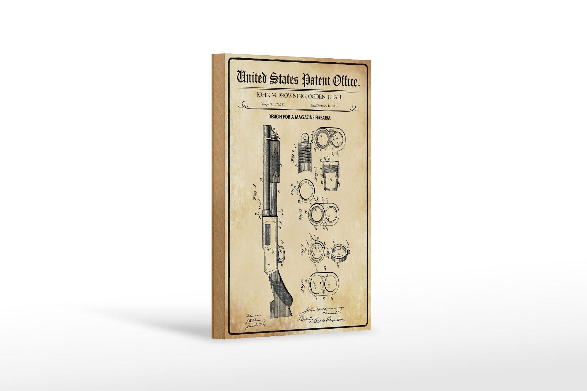 Femer GmbH Holzbild Patent 12x18 cm Entwurf für eine Magazin-Feuerwaffe, (1 St), Glatte Holzfaserplatte (MDF), vorn beschichtet