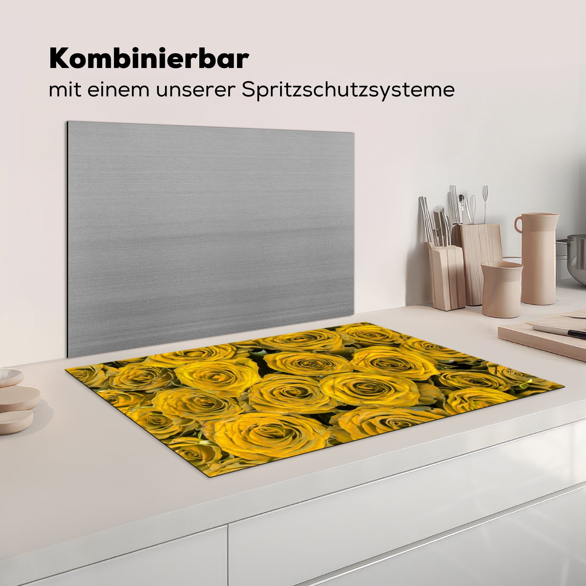 MuchoWow Herdblende-/Abdeckplatte Rosen - Gelb Vinyl, (1 die Blumenstrauß, - Induktionskochfeld tlg), Schutz küche, für 81x52 Ceranfeldabdeckung cm