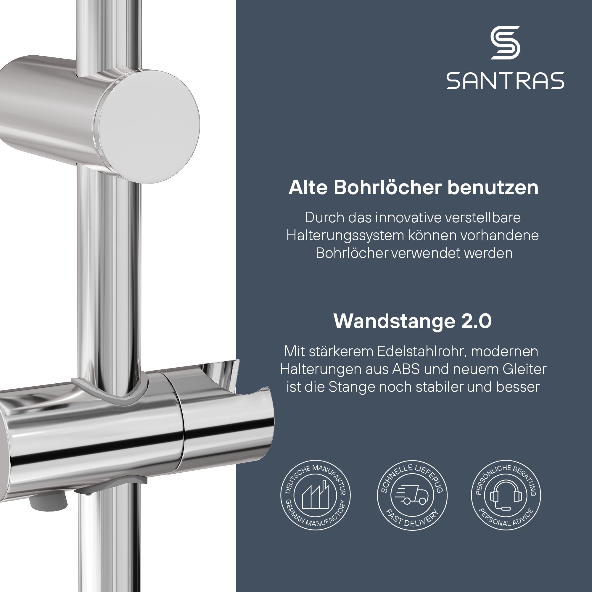 Thumbnail - Santras Duschstange Wandstange in Chrom (Design eckig)