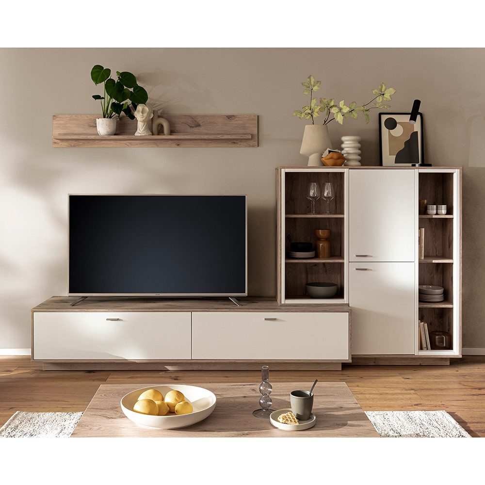 Lomadox Wohnwand SAGUNTO-05, (3-St., Wandboard Lowboard Highboard), in Eiche und weiß, mit Softclose-Funktion